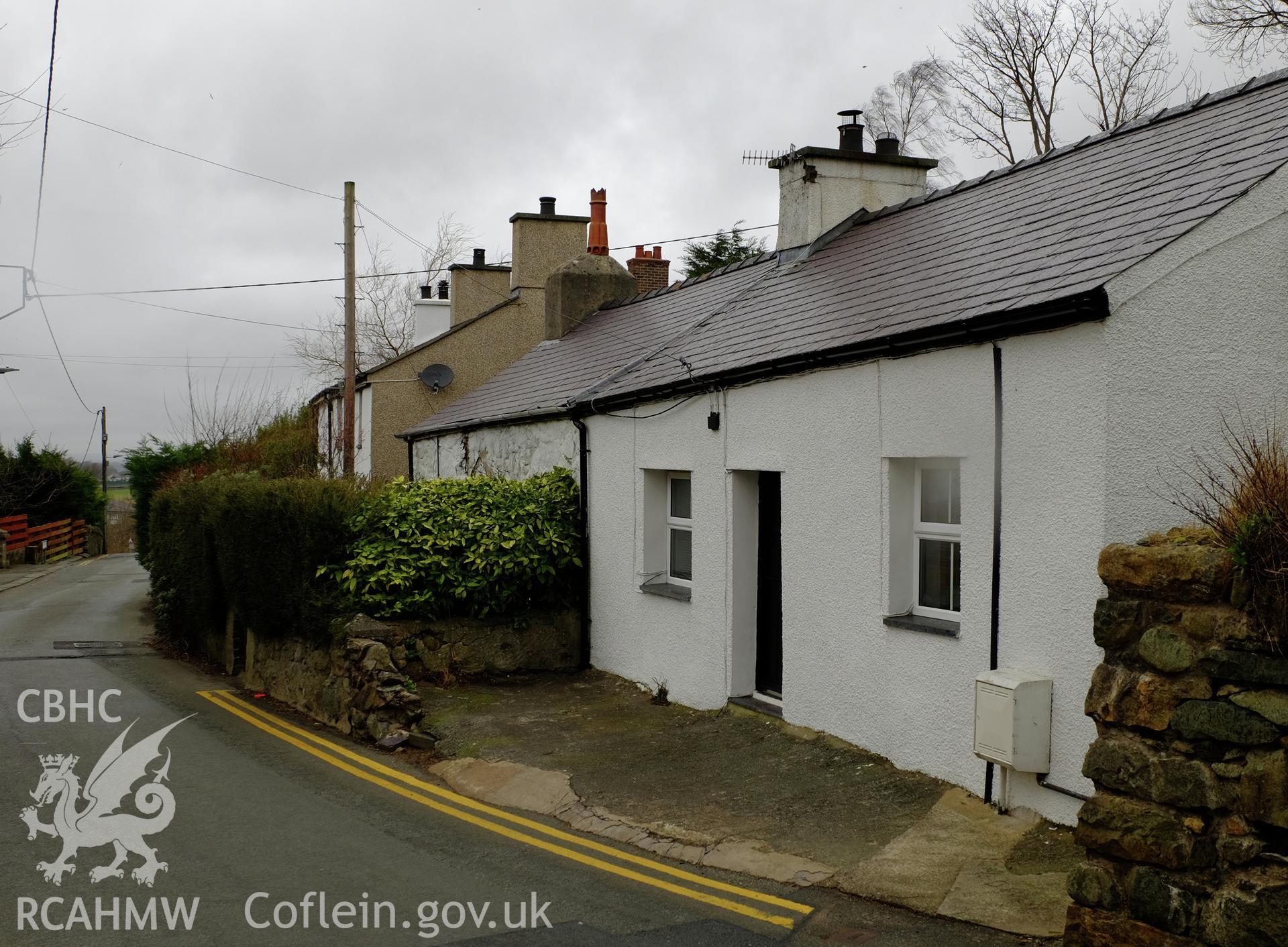 Colour photograph showing view looking north west at a cottage on Gerlan Road, Gerlan, Bethesda, produced by Richard Hayman 16th February 2017