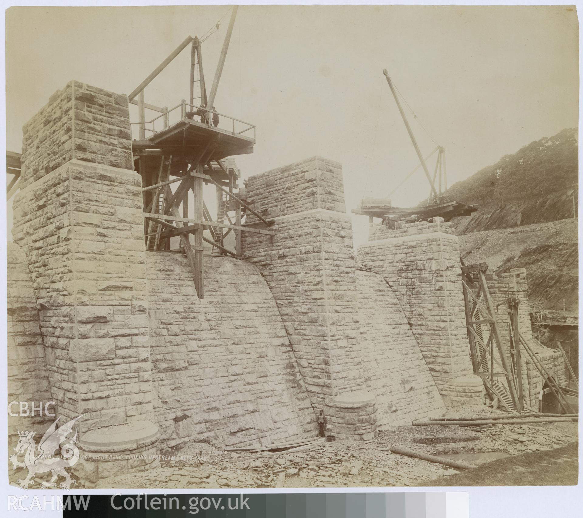 Digital copy of an albumen print from Edward Hubbard Collection showing Garreg Ddu Dam bridge right bank looking upstream, taken September 1898.