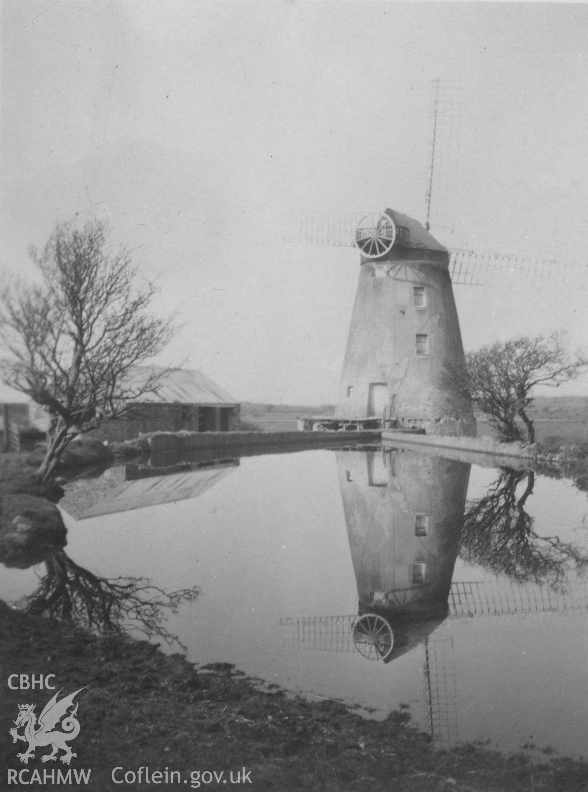 Digital copy of a photo from the Rex Wailes Collection showing view of Melin y Bont Windmill.