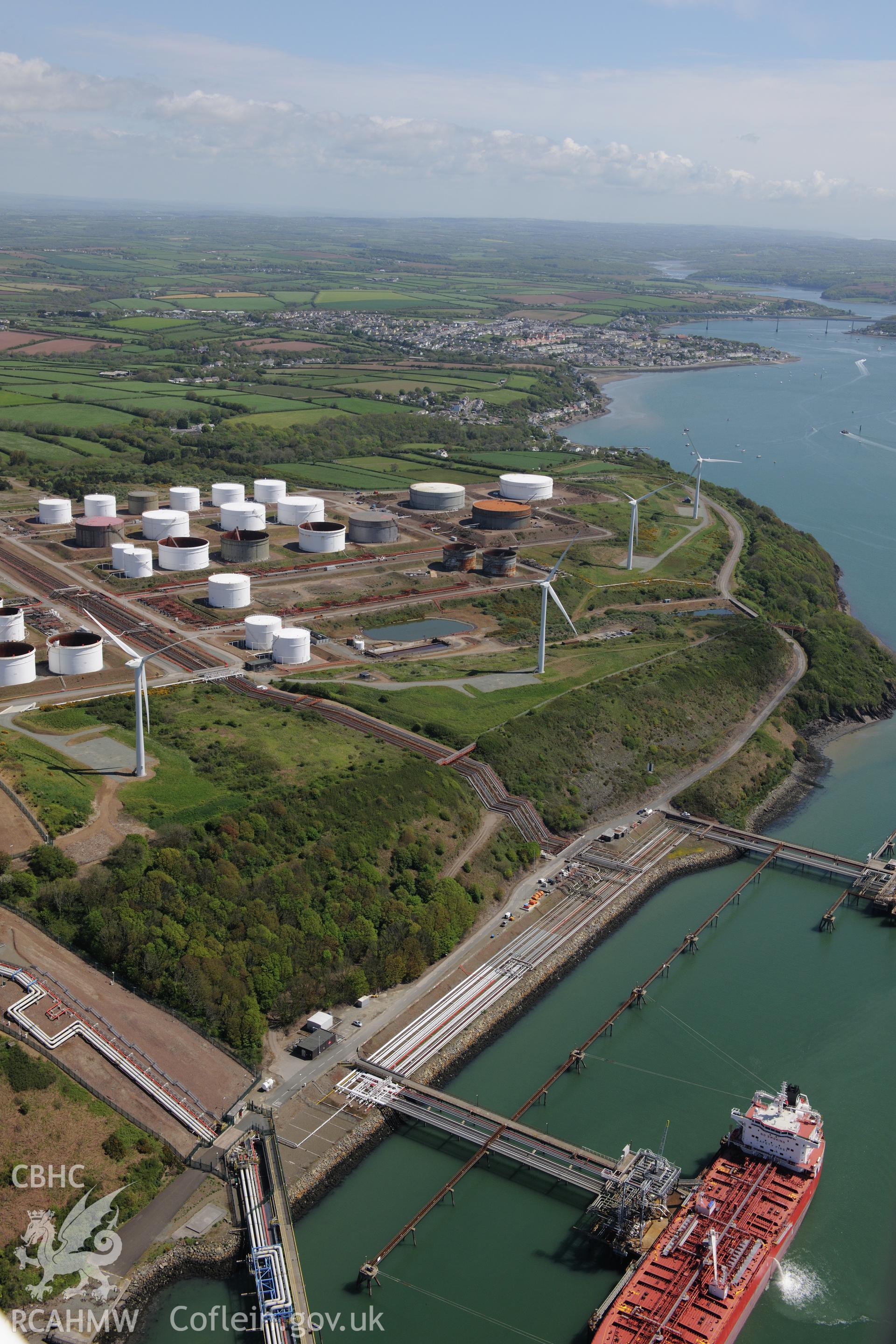 Gulf Oil Refinery, Waterston, Milford Haven. Oblique aerial photograph taken during the Royal Commission's programme of archaeological aerial reconnaissance by Toby Driver on 13th May 2015.