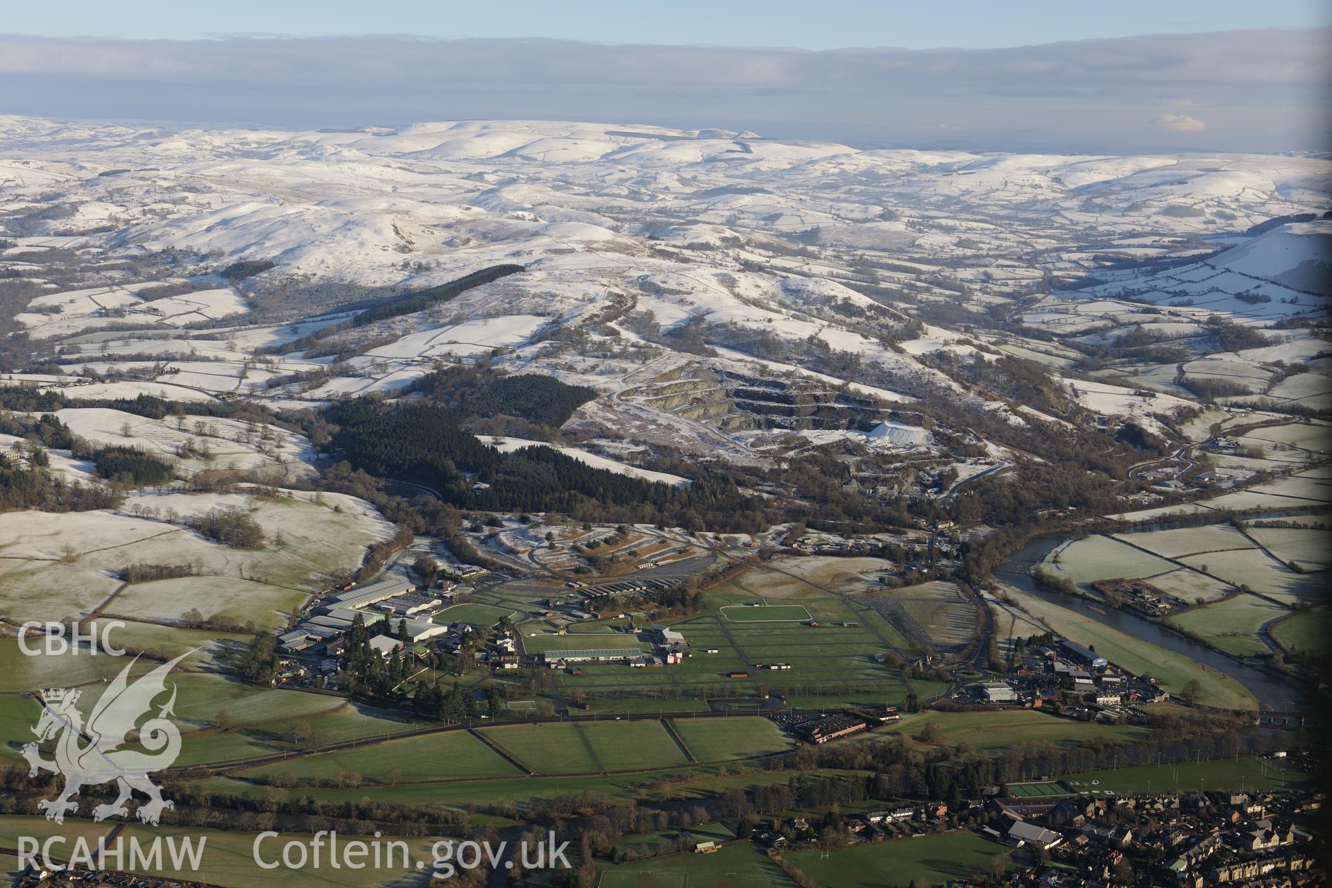 The Royal Welsh showground, Llanelwedd. Oblique aerial photograph taken during the Royal Commission?s programme of archaeological aerial reconnaissance by Toby Driver on 15th January 2013.