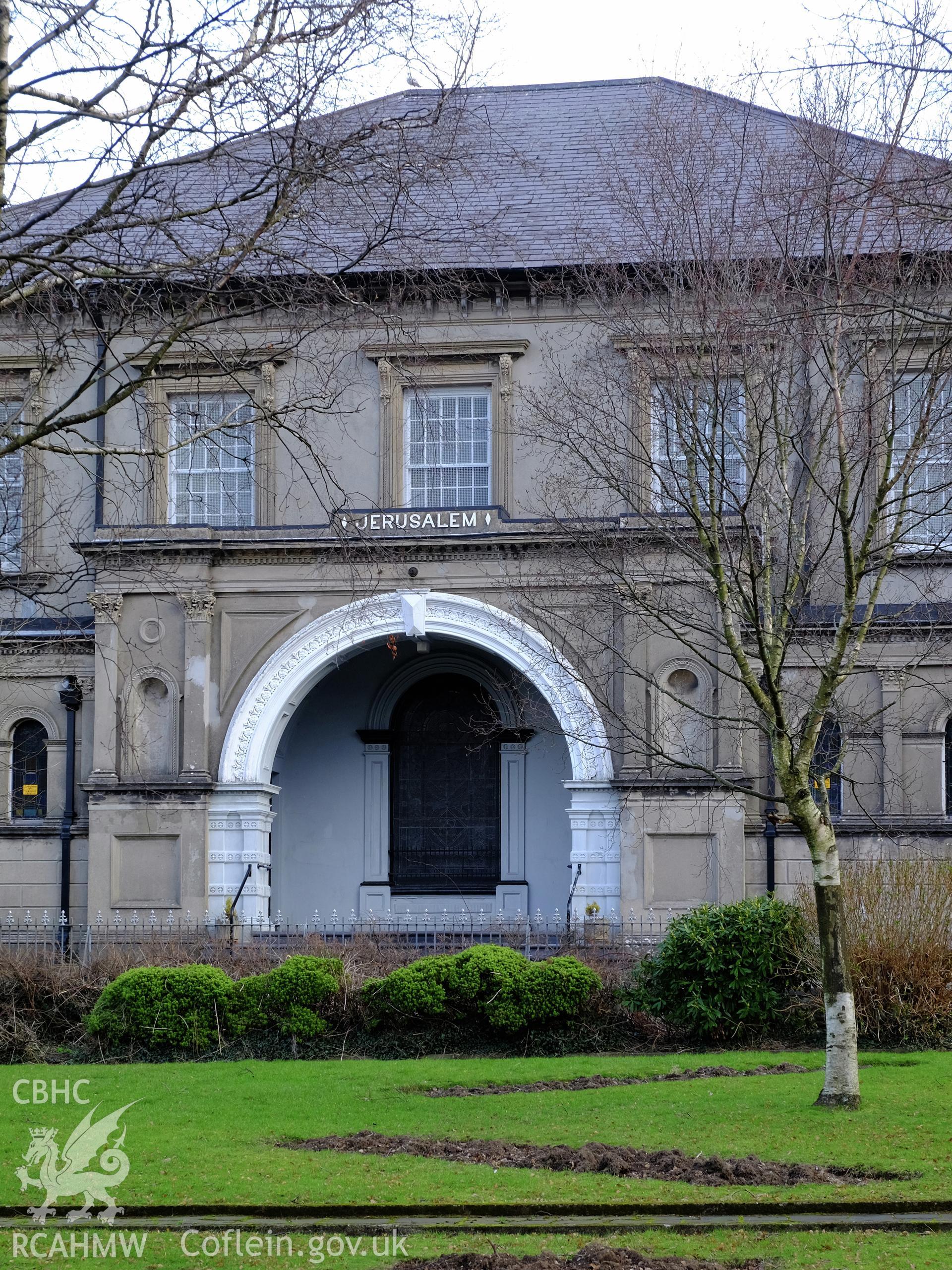 Colour photograph showing detail of facade at Jerusalem Chapel, Bethesda, produced by Richard Hayman 16th February 2017