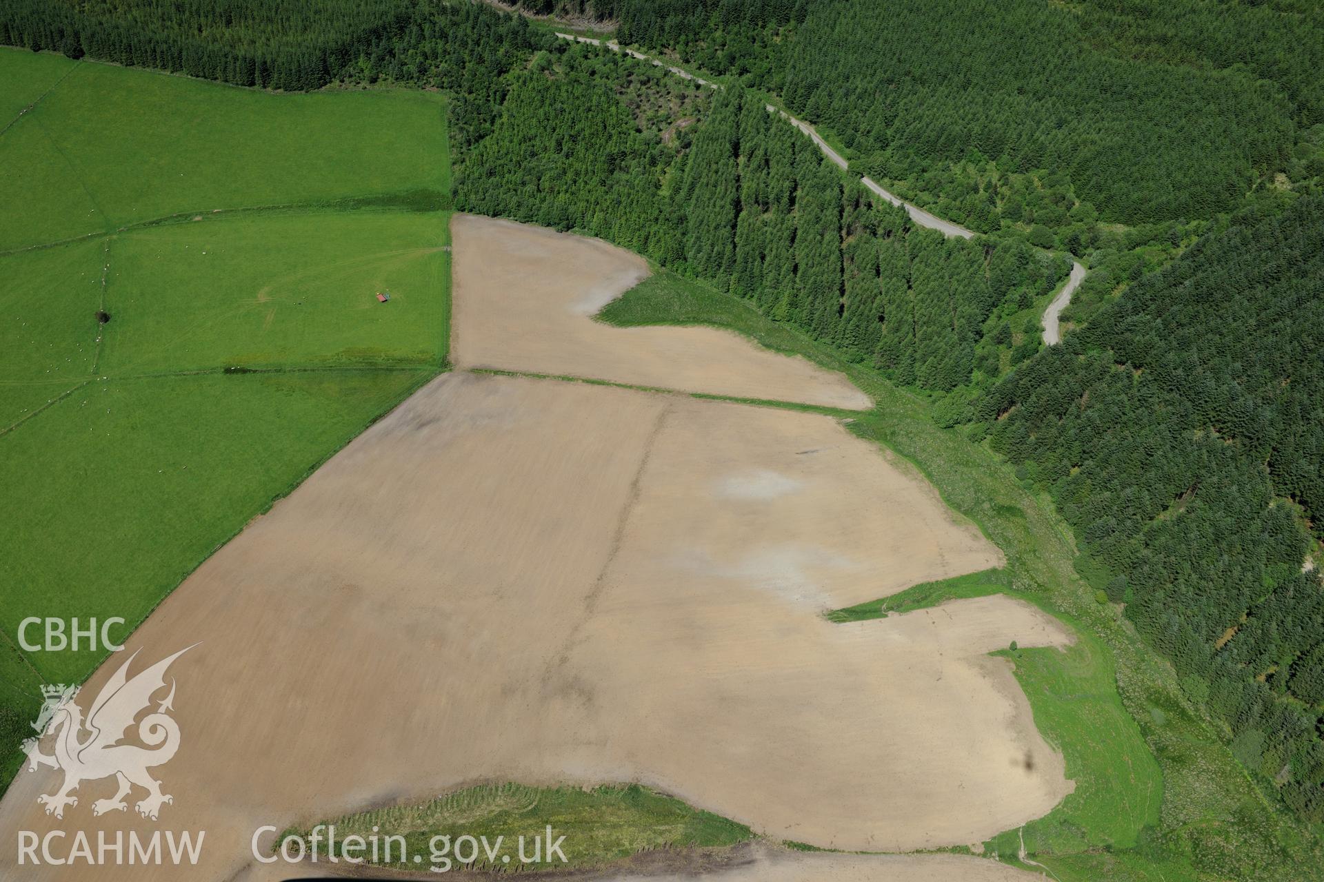 Abererbwll Roman fortlet, south west of Llanwrtyd Wells. Oblique aerial photograph taken during the Royal Commission's programme of archaeological aerial reconnaissance by Toby Driver on 30th June 2015.