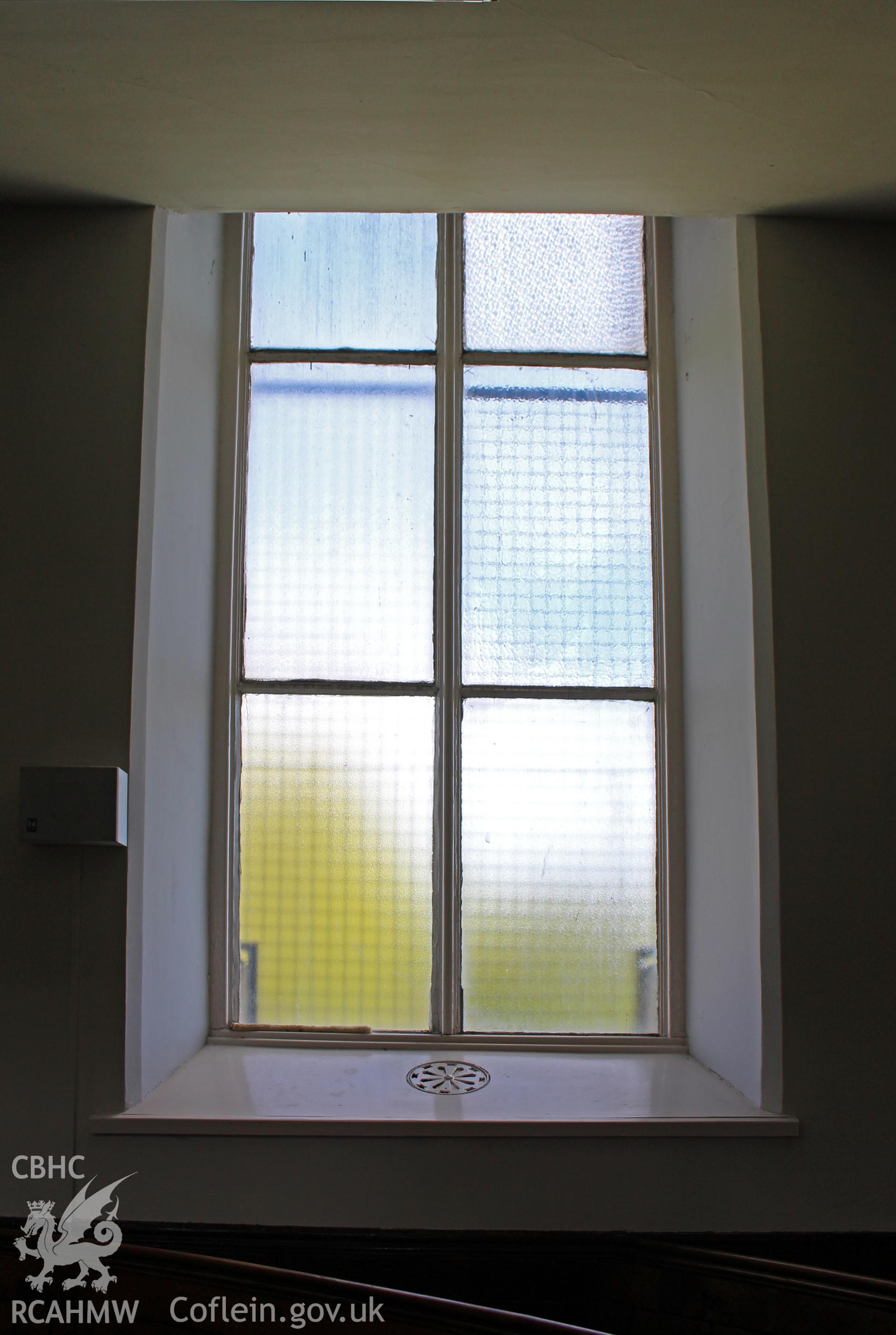 Interior view of window. Photographic survey of Seion Welsh Baptist Chapel, Morriston, conducted by Sue Fielding on 13th May 2017.