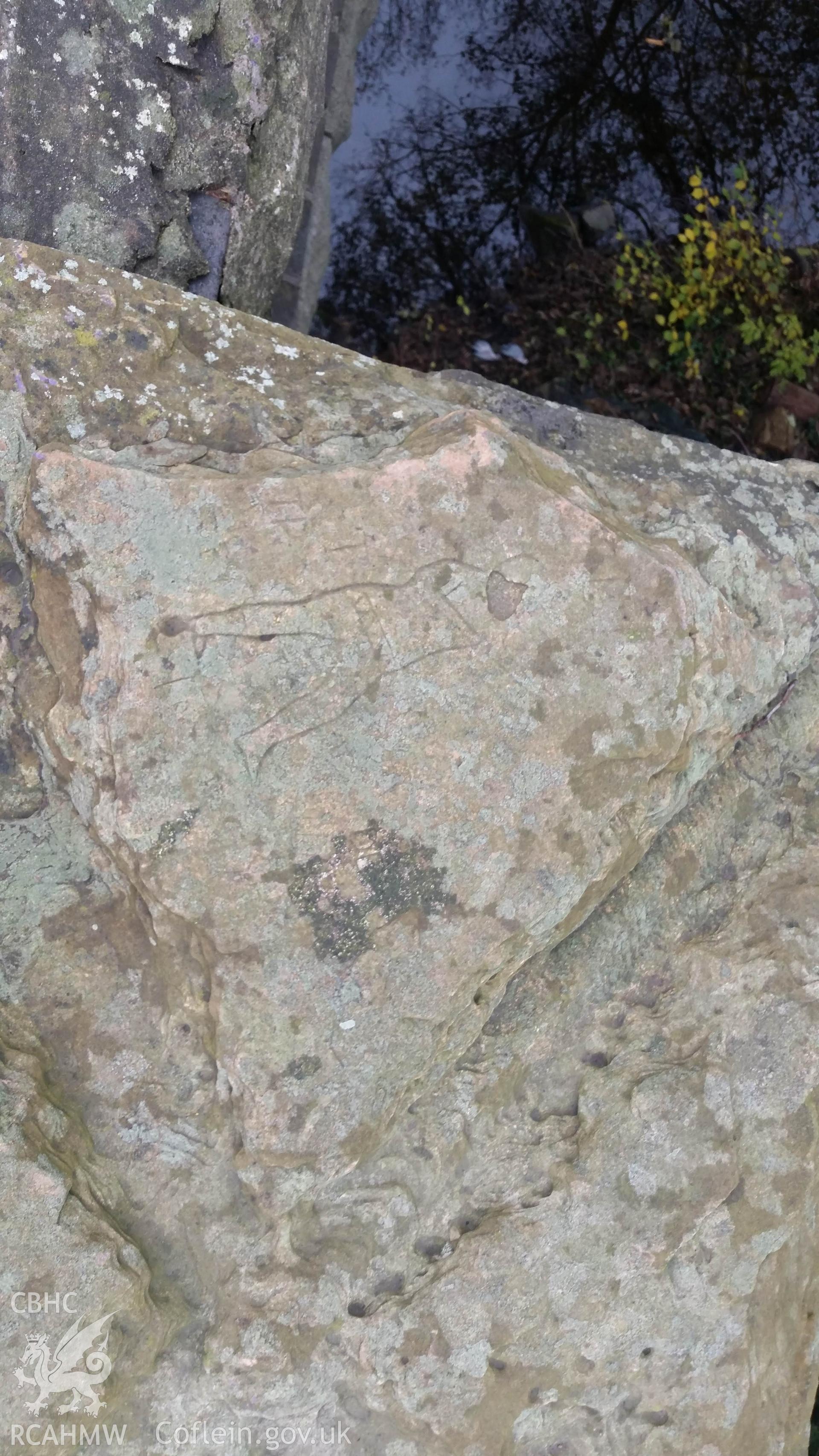 Markings on the top of the west side pilaster coping stone at Rhyd-y-Goleu Bridge taken by Stephen Walsh during refurbishment of the bridge carried out by Jacobs UK Ltd, 2019.