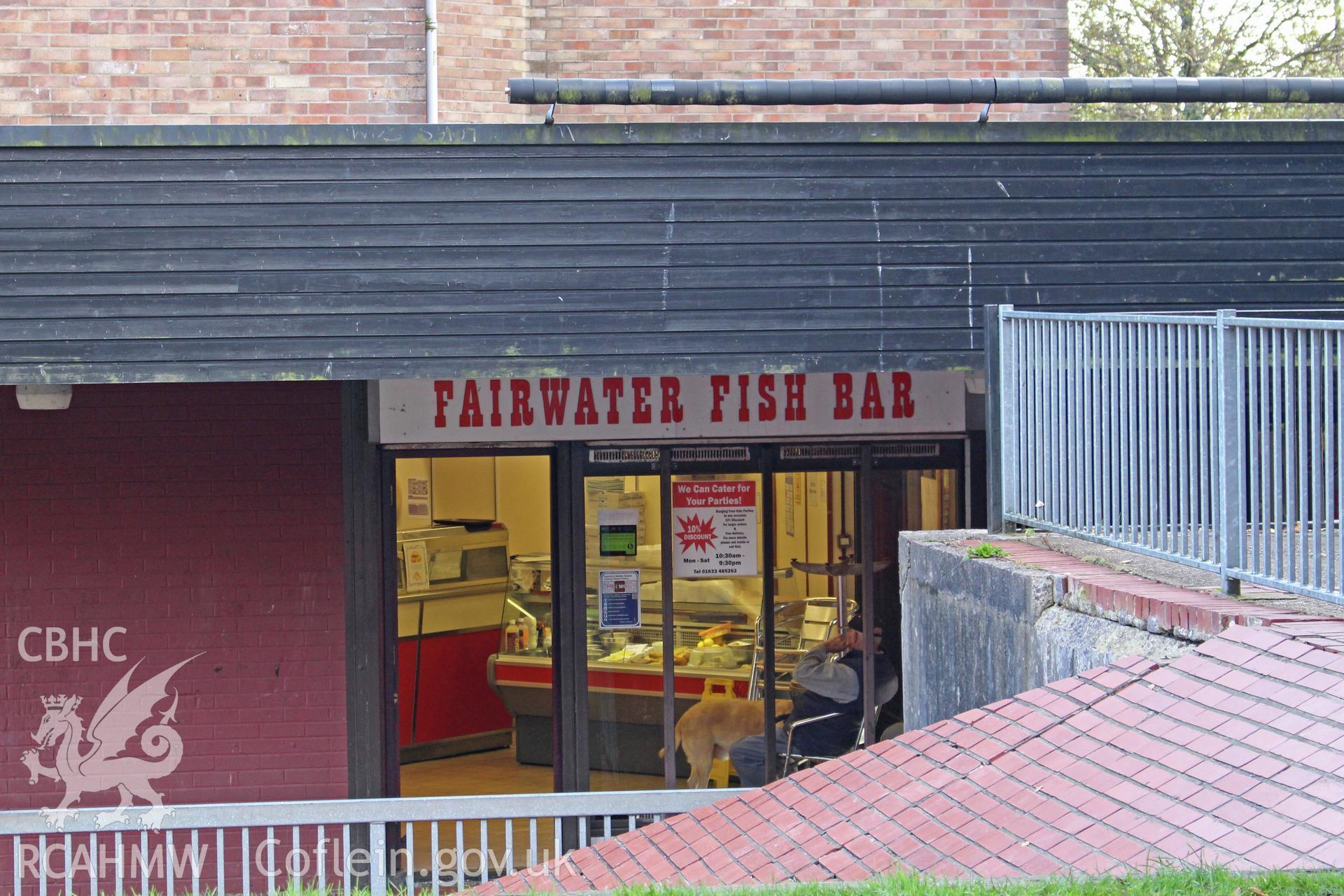 Fairwater Fish Bar shop front, Fairwater Square, Cwmbran. Photograph taken by Sue Fielding in November 2017.