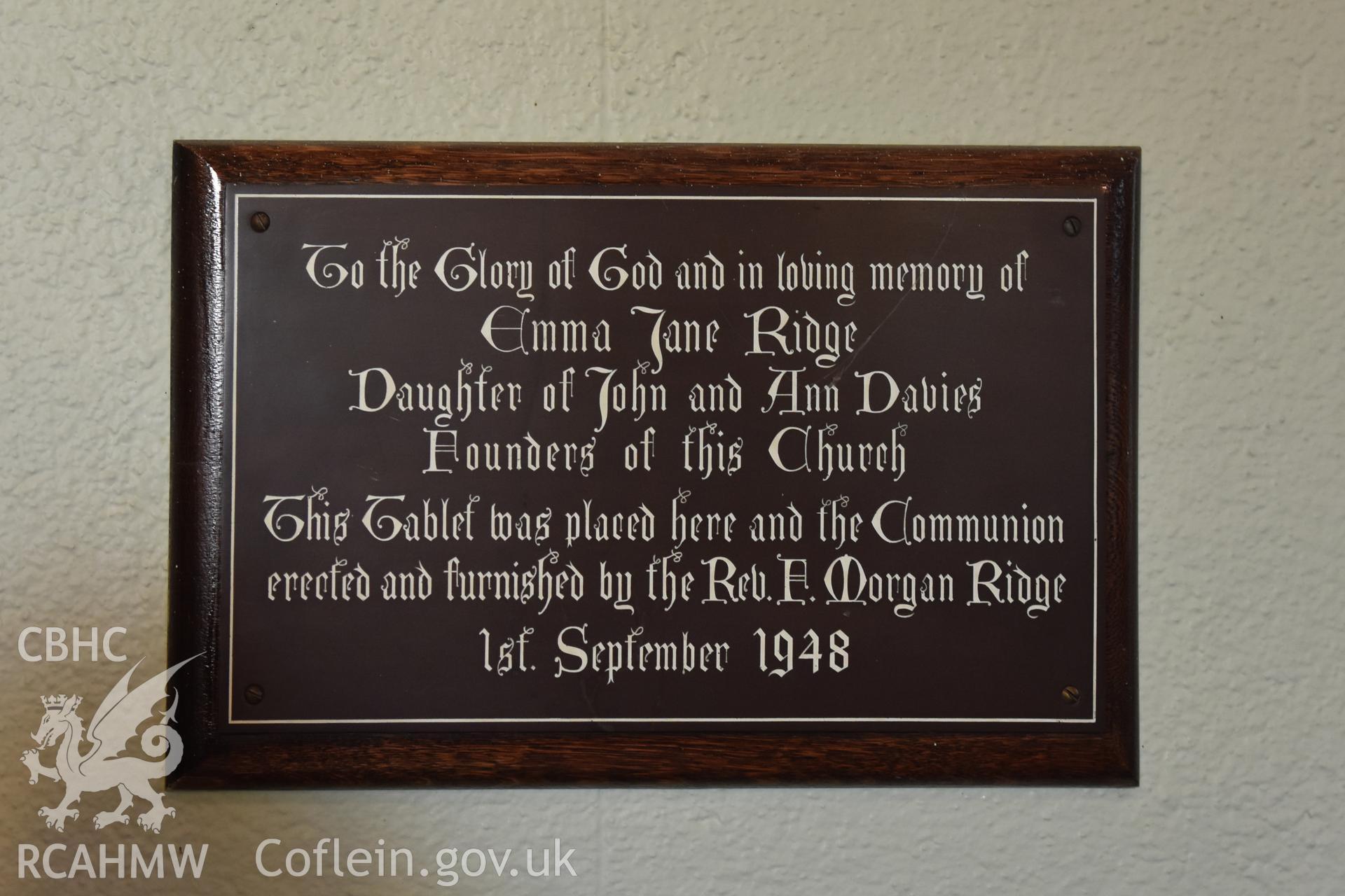 Memorial plaque to Emma Jane Ridge, the daughter of John and Ann Davies who were founders of Hyssington Primitive Methodist Chapel, Hyssington, Churchstoke. Photographic survey conducted by Sue Fielding on 7th December 2018.