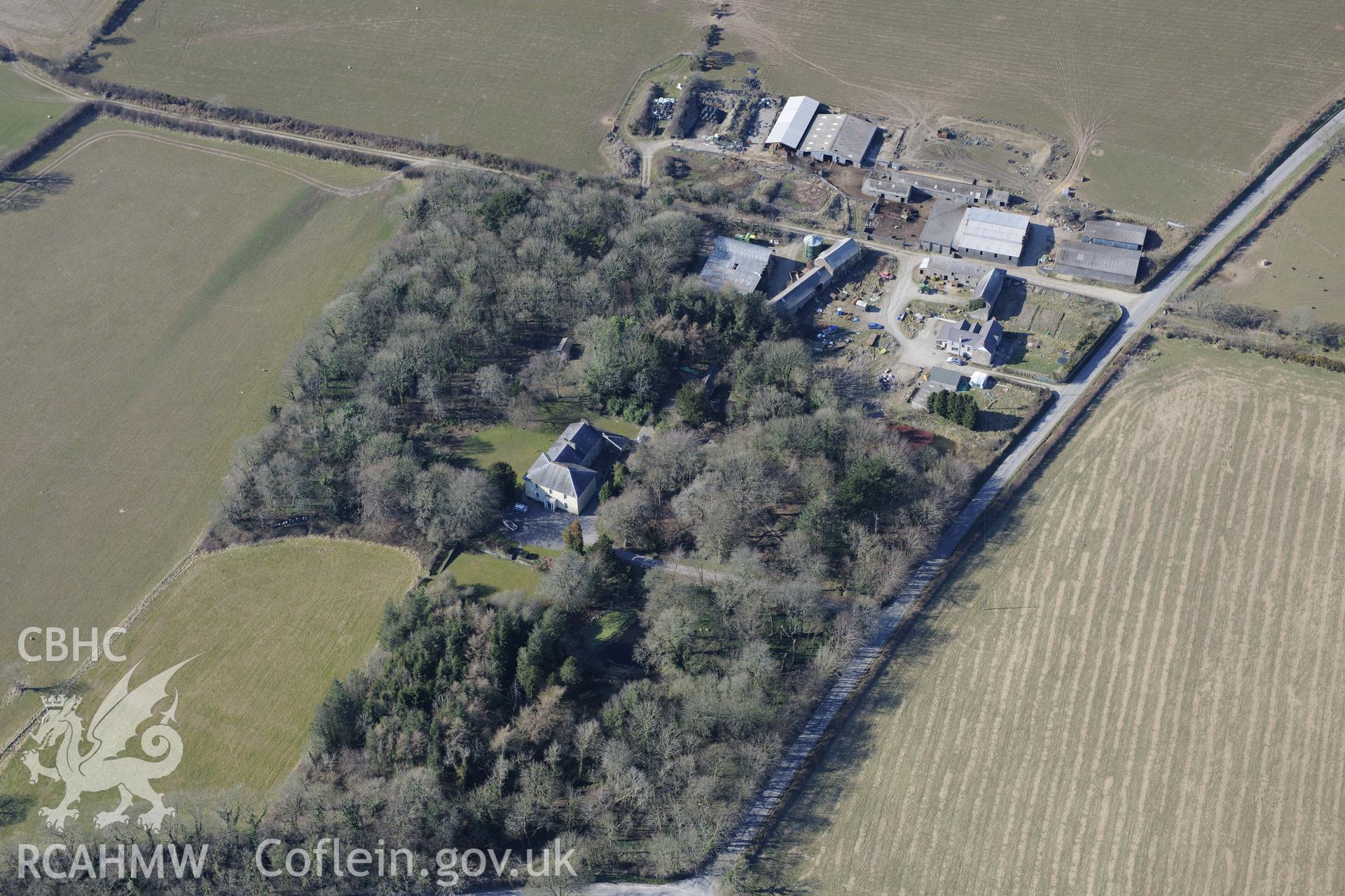 Pant Gwyn house and garden, east of Cardigan. Oblique aerial photograph taken during the Royal Commission's programme of archaeological aerial reconnaissance by Toby Driver on 2nd April 2013.
