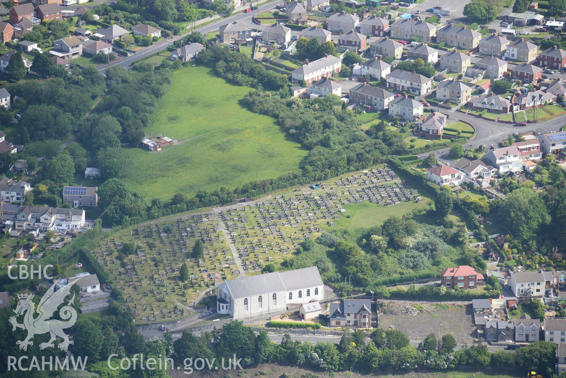 Soar Welsh Baptist Chapel, Llwynhendy, Llanelli. Oblique aerial photograph taken during the Royal Commission's programme of archaeological aerial reconnaissance by Toby Driver on 19th June 2015.