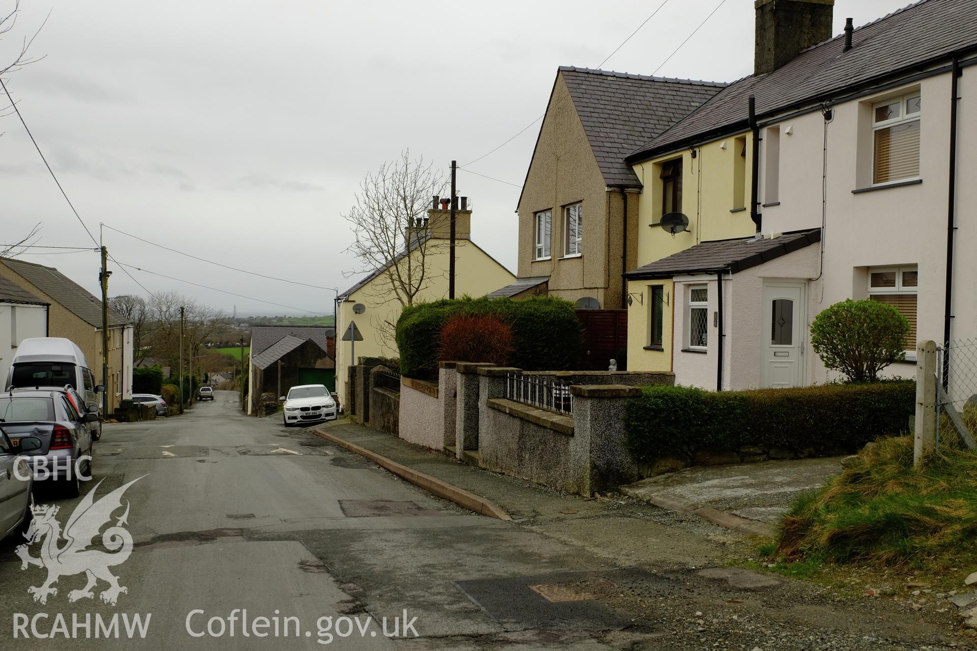 Colour photograph showing view looking south down Ffordd Deiniol, Deiniolen, produced by Richard Hayman 2nd March 2017