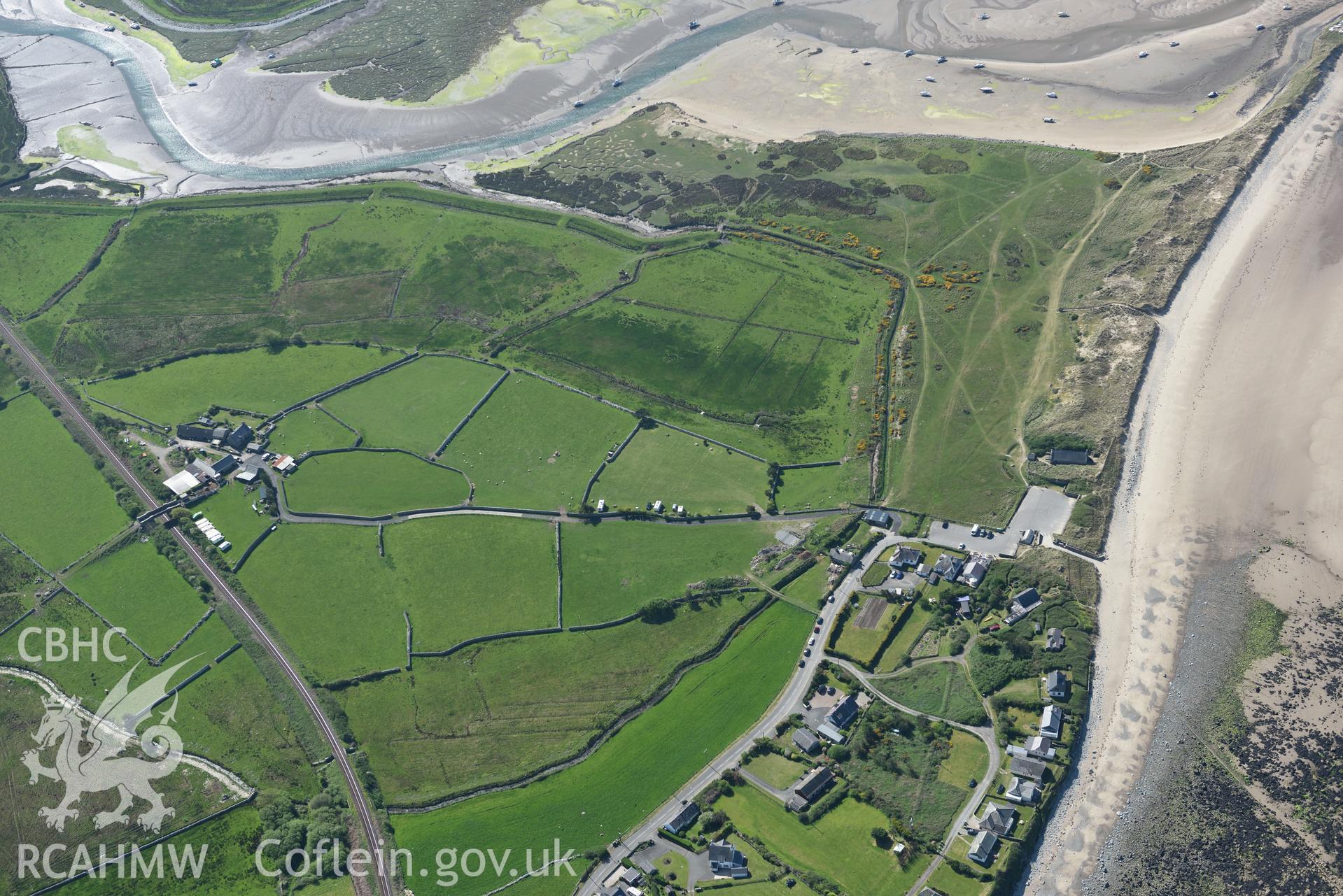 Aerial photography of St Tanwg's Church taken on 3rd May 2017.  Baseline aerial reconnaissance survey for the CHERISH Project. ? Crown: CHERISH PROJECT 2017. Produced with EU funds through the Ireland Wales Co-operation Programme 2014-2020. All material