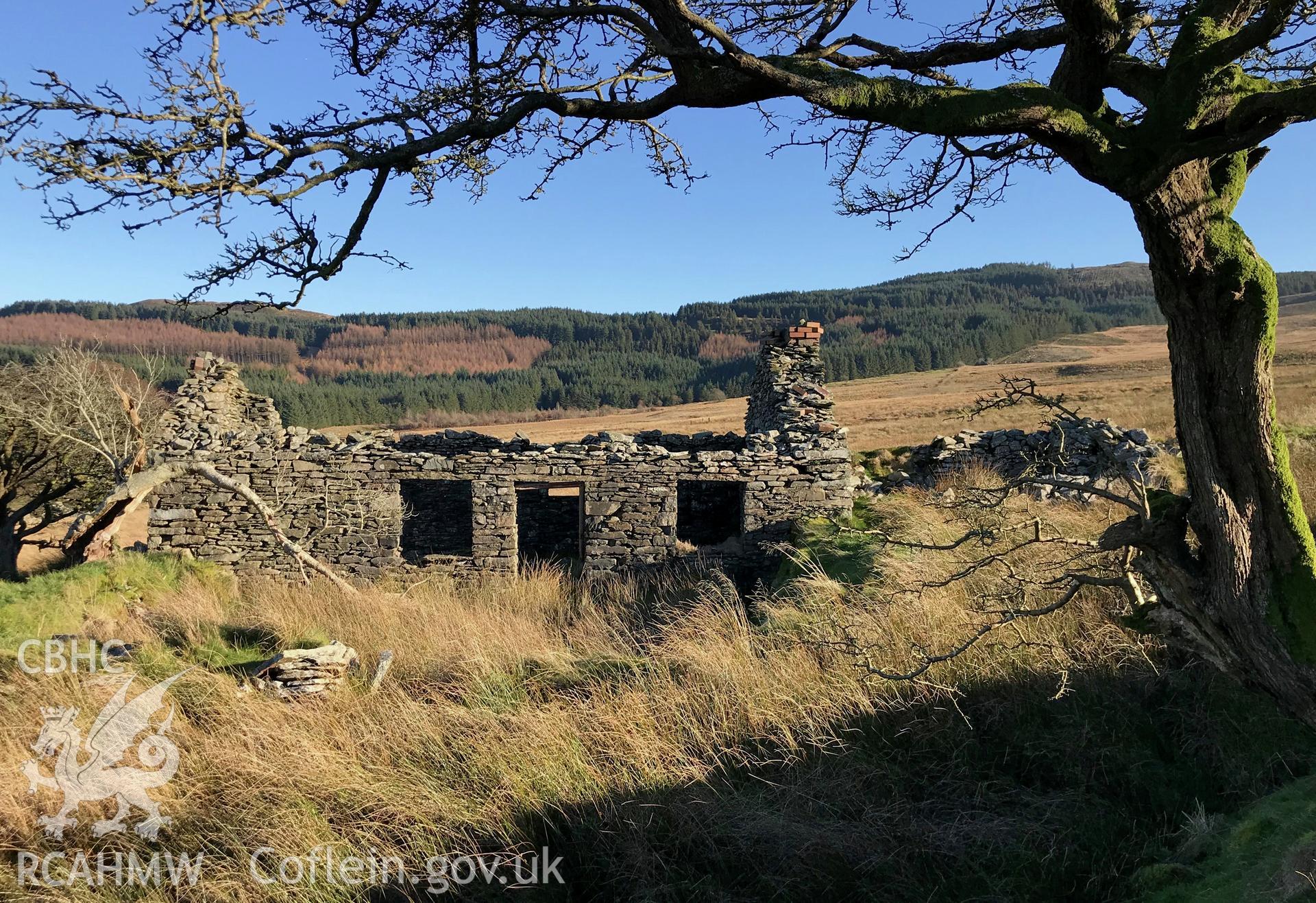 Exterior side elevation showing remains of doorway, window spaces and chimney piece of Tynewydd stone cottage, which is south west of Bryneithinog farm, Ystrad Fflur. Colour photograph taken by Paul R. Davis on 18th November 2018.