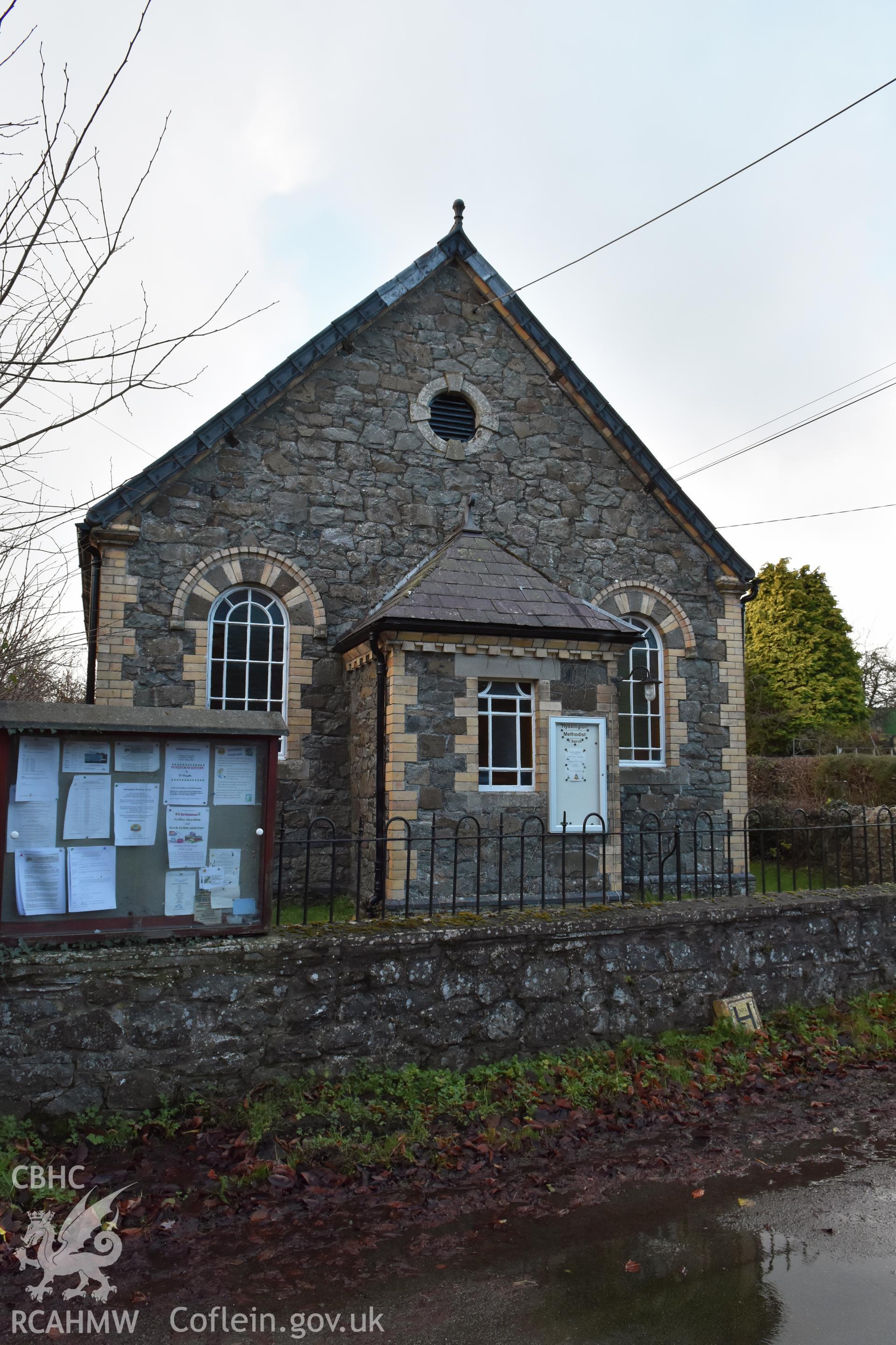 View from the east showing the exterior of the front gable at Hyssington Primitive Methodist Chapel, Hyssington, Churchstoke. Photographic survey conducted by Sue Fielding on 7th December 2018.