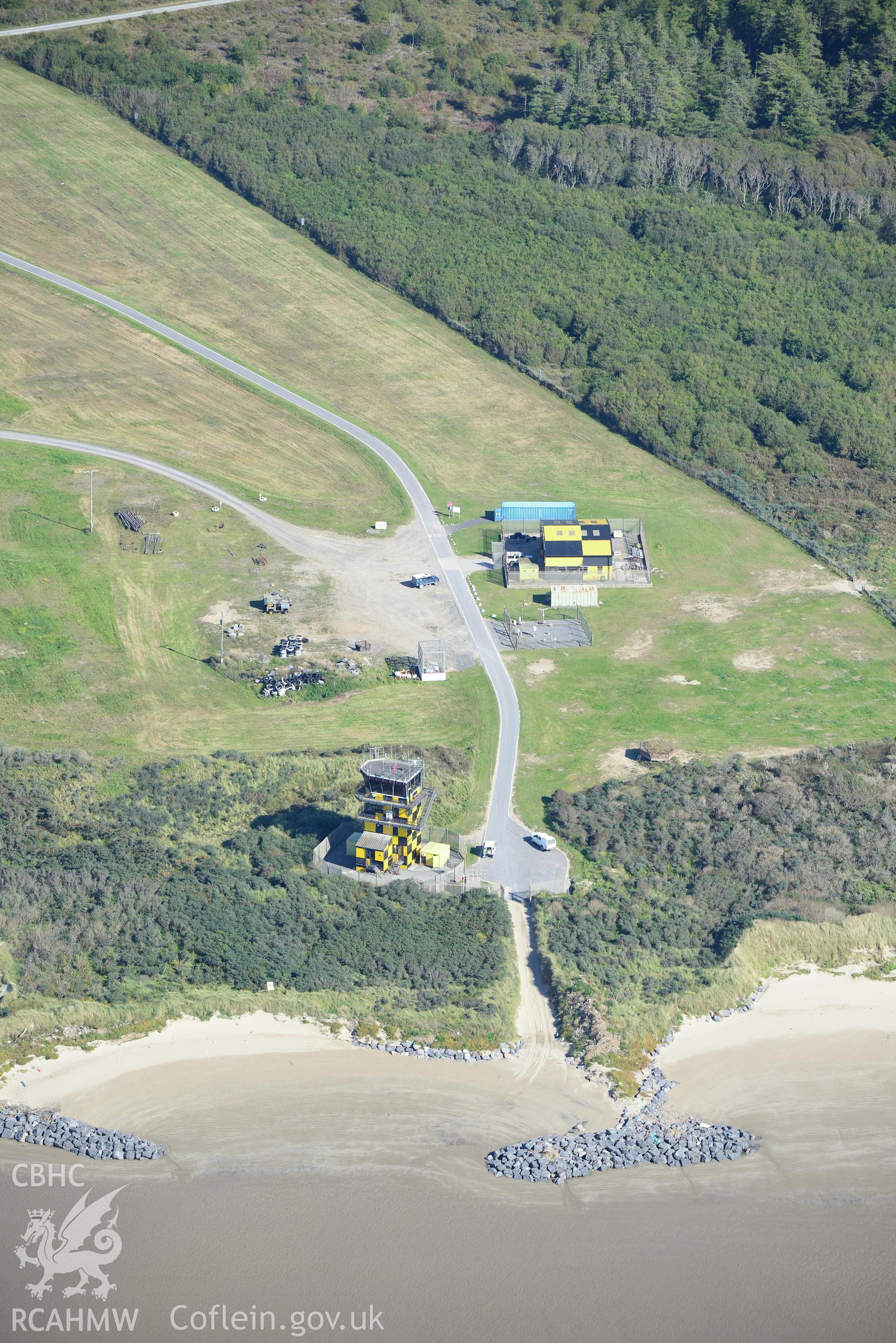 Pembrey Sands air weapons range above Cefn Sidan Sands, south west of Kidwelly. Oblique aerial photograph taken during the Royal Commission's programme of archaeological aerial reconnaissance by Toby Driver on 30th September 2015.