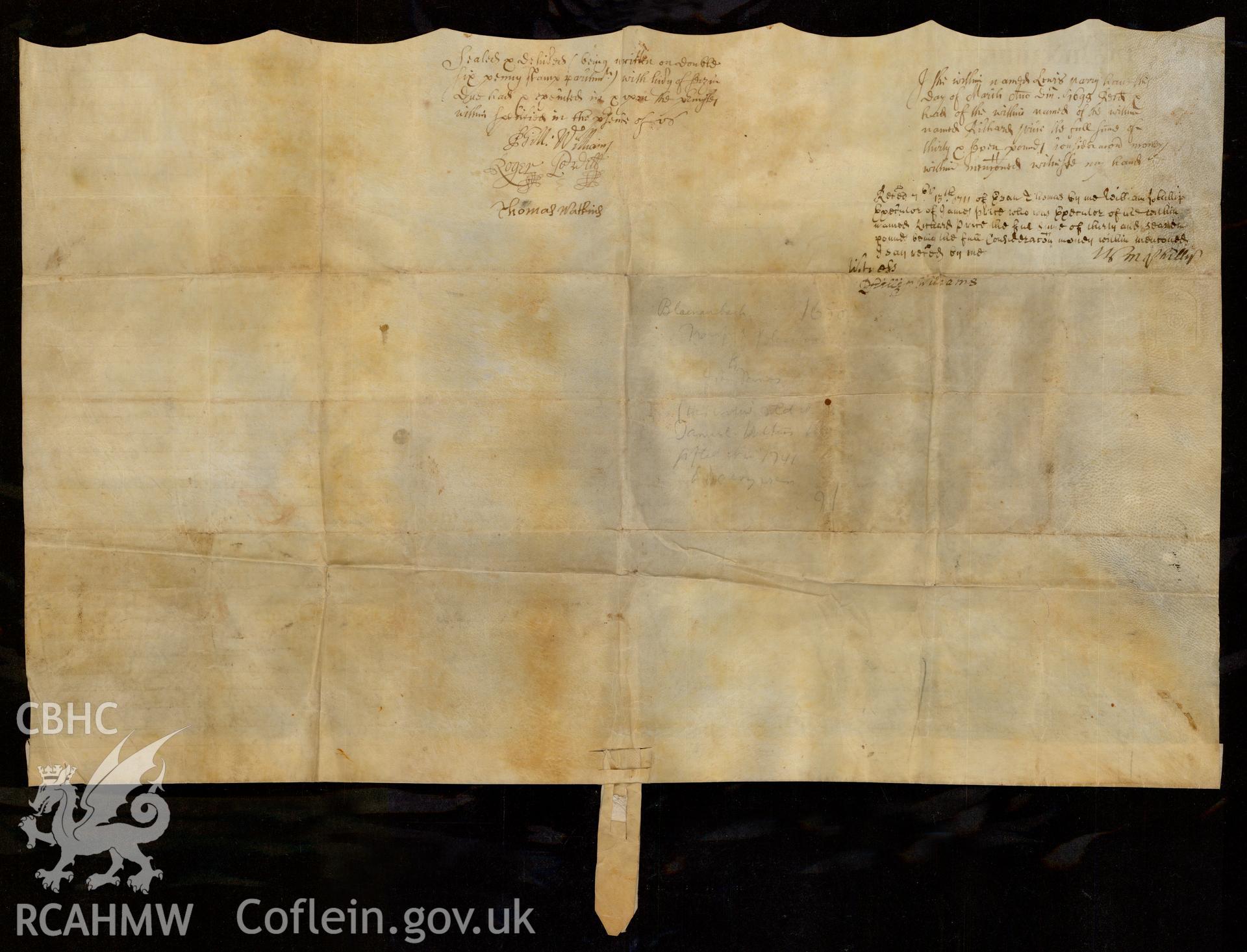 Indenture scrolls of Maes-yr-onen Chapel, loaned for copying by the United Reform Church. Scroll dated March 1741. Reverse view of scroll.