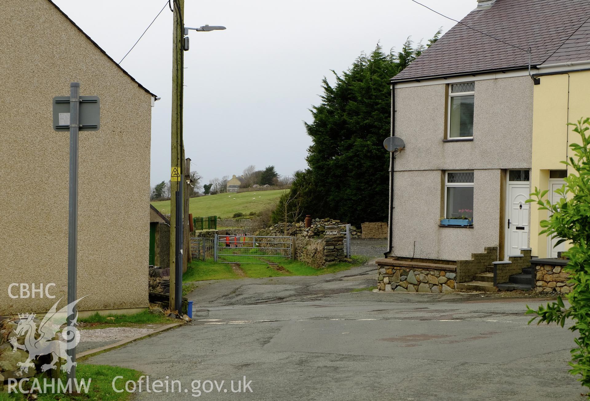 Colour photograph showing view looking north west at line of the Dinorwic Railway, Clwt-y-bont, Deiniolen, produced by Richard Hayman 2nd March 2017