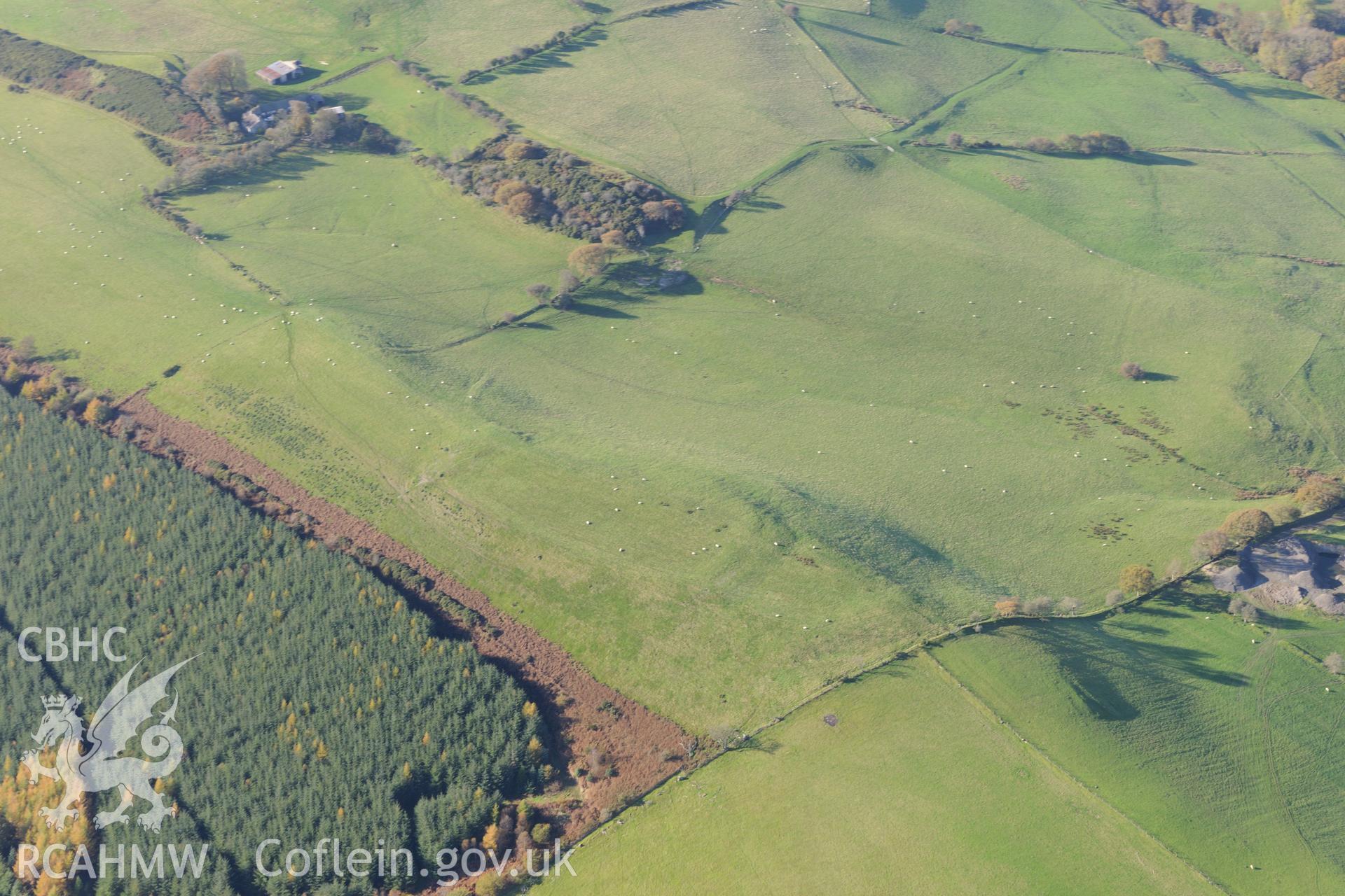 Pen-y-Gaer defended enclosure or hillfort, Bank Green Grove near Ystrad Aeron. Oblique aerial photograph taken during the Royal Commission's programme of archaeological aerial reconnaissance by Toby Driver on 2nd November 2015.