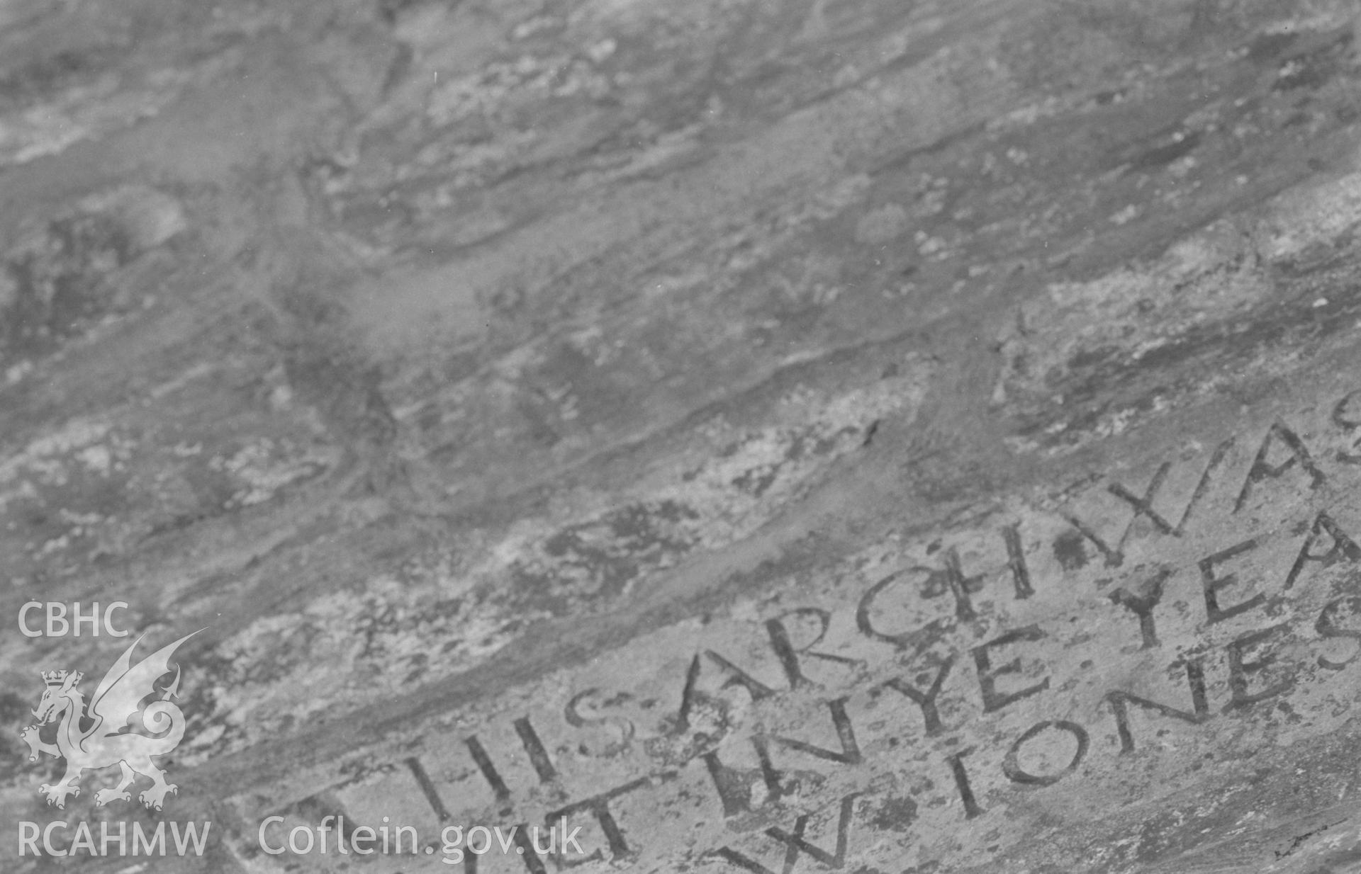 Digital copy of a black and white negative showing inscription dated 1726 on east side of east parapet of Cardigan Bridge, over cut-water on upstream side. Photographed by Arthur O. Chater on 9th April 1968 from Grid Reference SN 178 458.
