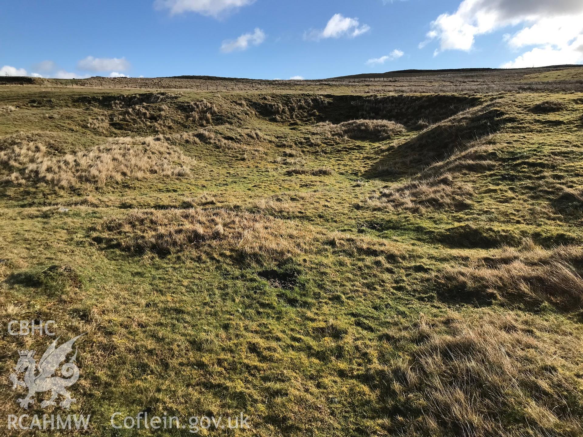 Digital colour photograph of a house platform forming part of the medieval settlement at Bwlch-y-Garn, Ebbw Vale, taken by Paul R. Davis on 17th March 2019.