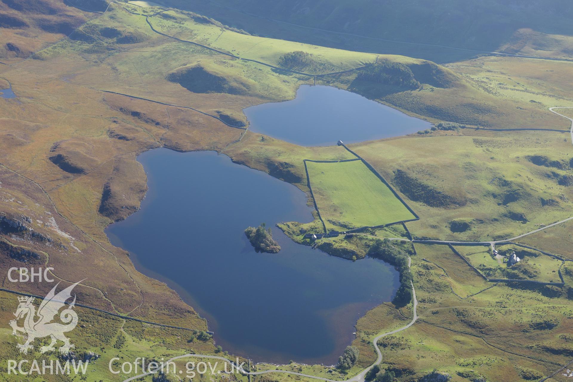 Llynnau Cregennen on the slopes of Cadair Idris. Oblique aerial photograph taken during the Royal Commission's programme of archaeological aerial reconnaissance by Toby Driver on 2nd October 2015.