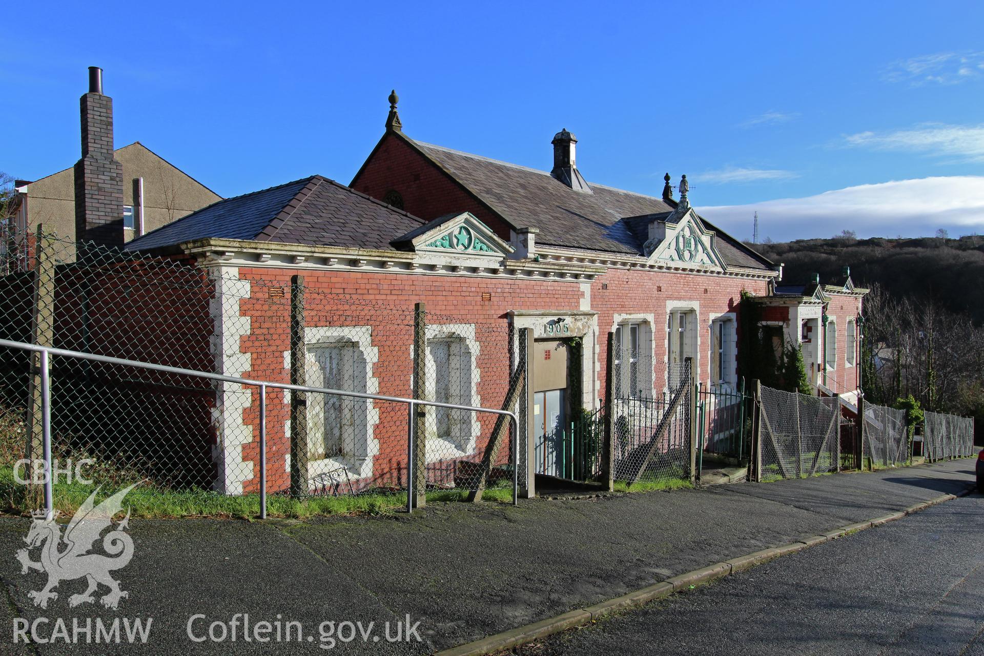 Exterior view showing front elevation of the Railway Institute, Bangor. Photographed during survey conducted by Sue Fielding for the RCAHMW on 4th April 2016.