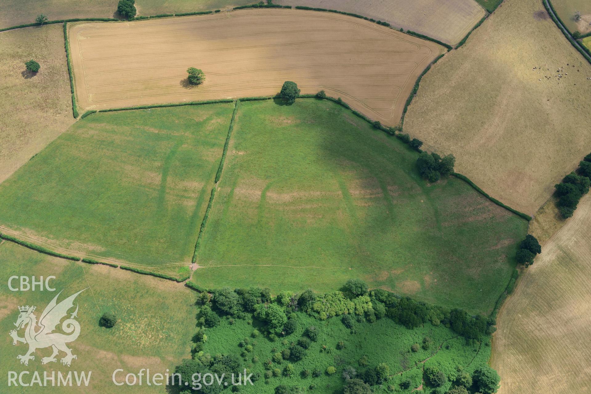 Royal Commission aerial photography of Coed y Polyn barrow taken on 19th July 2018 during the 2018 drought.