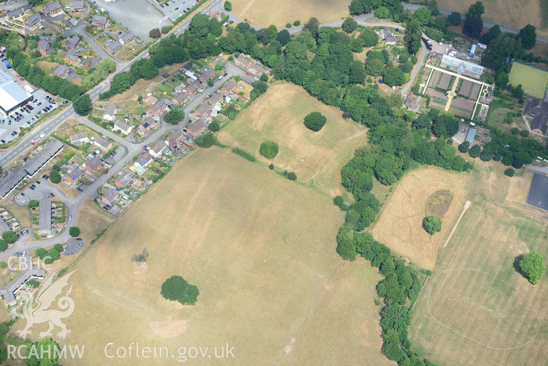 Royal Commission aerial photography of Three Cocks Roman fort taken on 19th July 2018 during the 2018 drought.