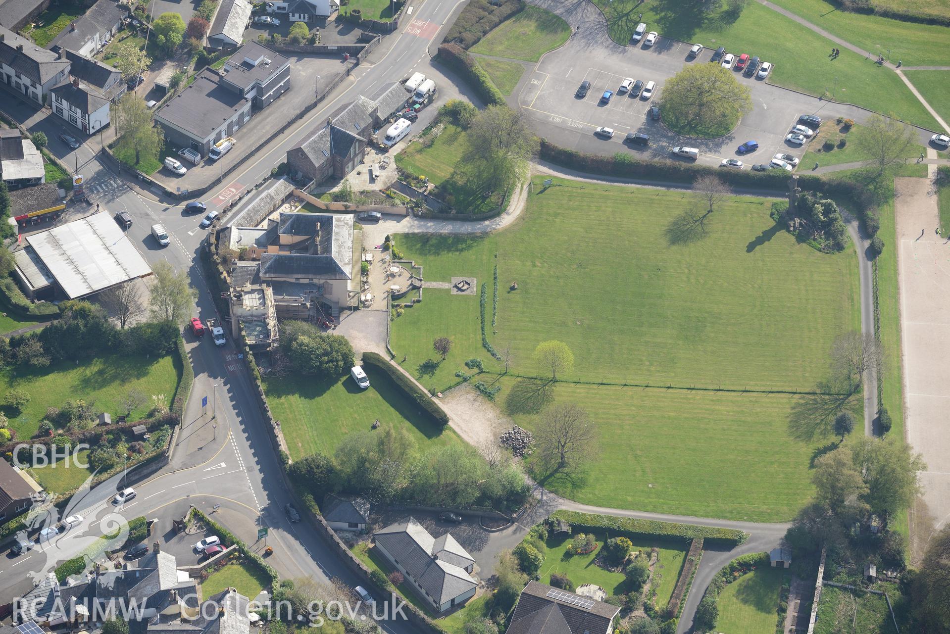 Crickhowell including Porth Mawr House, Garden, Coach House and Gate. Oblique aerial photograph taken during the Royal Commission's programme of archaeological aerial reconnaissance by Toby Driver on 21st April 2015