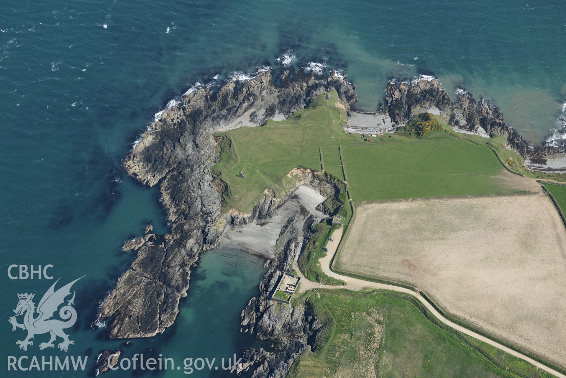 Aerial photography of Porth Ysgaden taken on 3rd May 2017.  Baseline aerial reconnaissance survey for the CHERISH Project. ? Crown: CHERISH PROJECT 2017. Produced with EU funds through the Ireland Wales Co-operation Programme 2014-2020. All material made