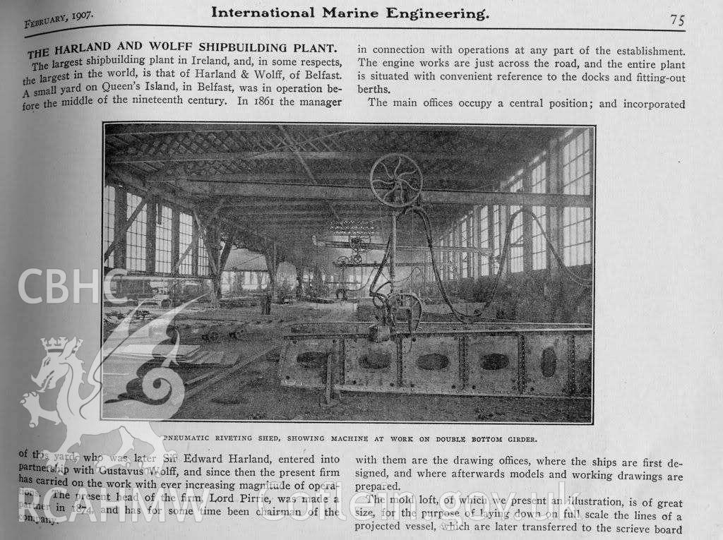 'Pneumatic riveting shed, showing machine at work on double bottom girder.' Included amongst material relating to desk based assessment of the MV King Edgar historic wreck site, conducted by Archaeology Wales, 2017. Project ref no: 2500. Report no. 1563.