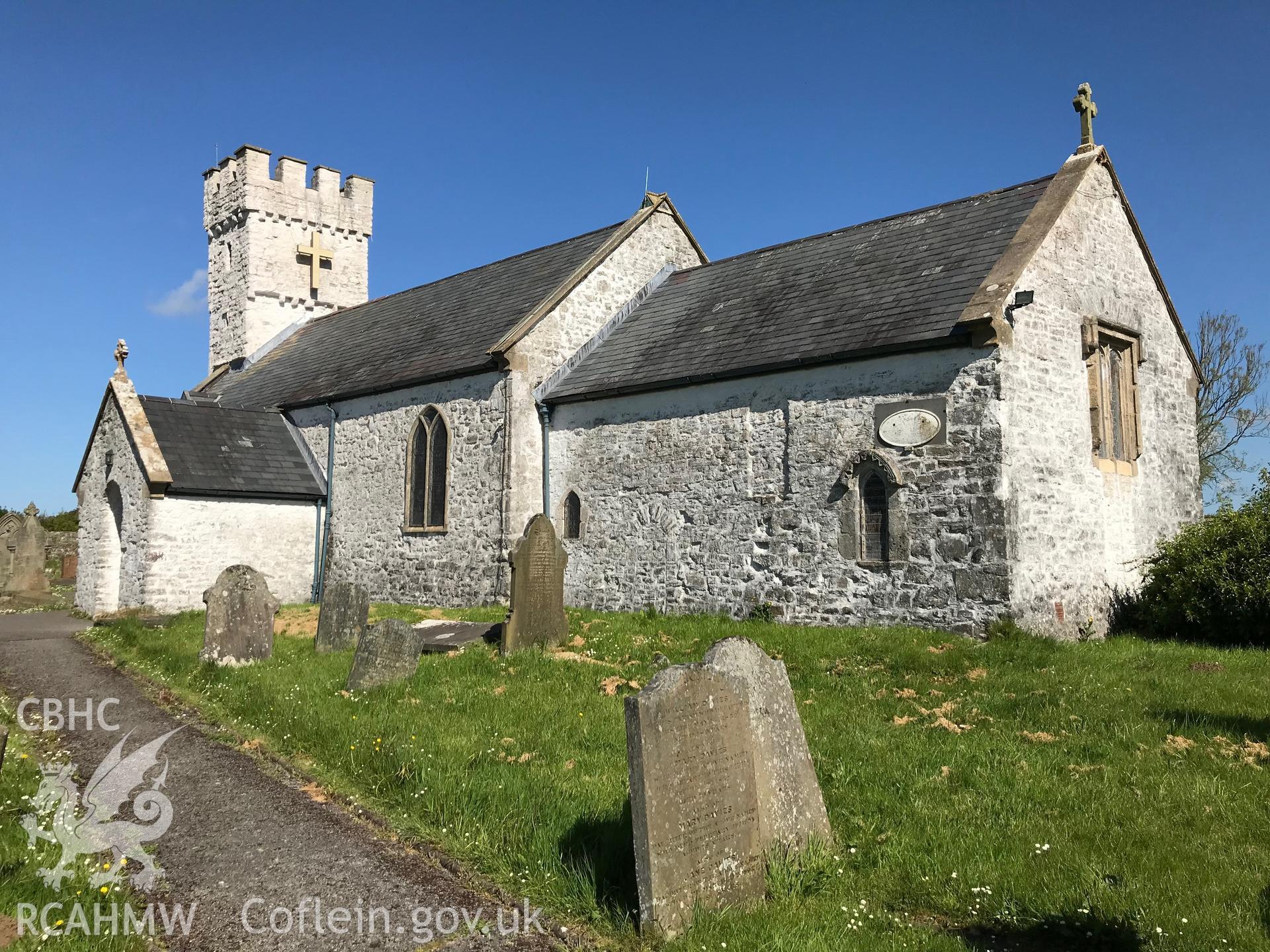 Colour photo showing exterior view of St. Mary's church and graveyard, Pennard, taken by Paul R. Davis, 13th May 2018.