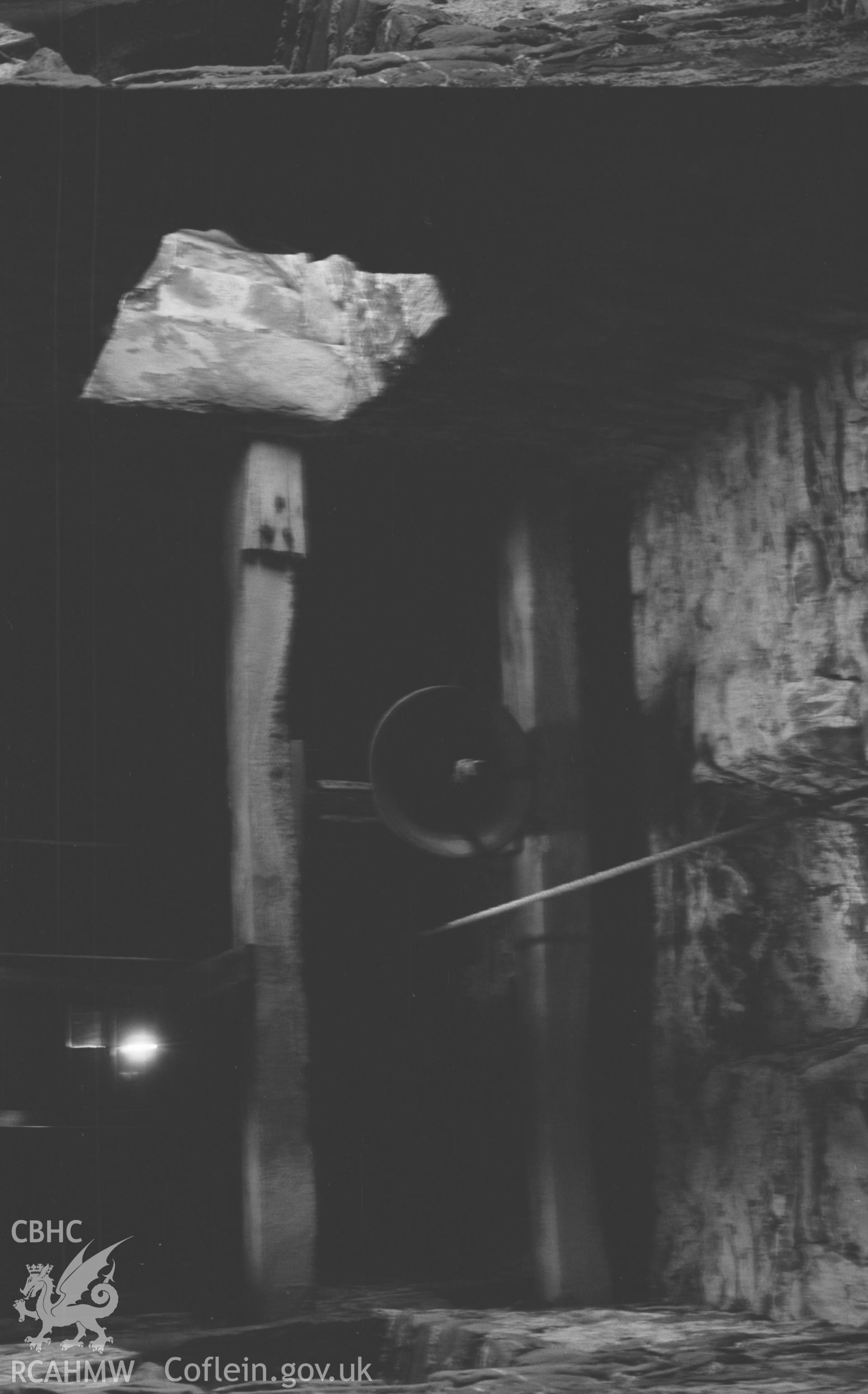 Digital copy of a black and white negative looking up at the bell in the bell chamber in the tower at St. David's Church, Llanddewi Aberarth. Photographed by Arthur O. Chater on 5th September 1966 from Grid Reference SN 4766 6329.