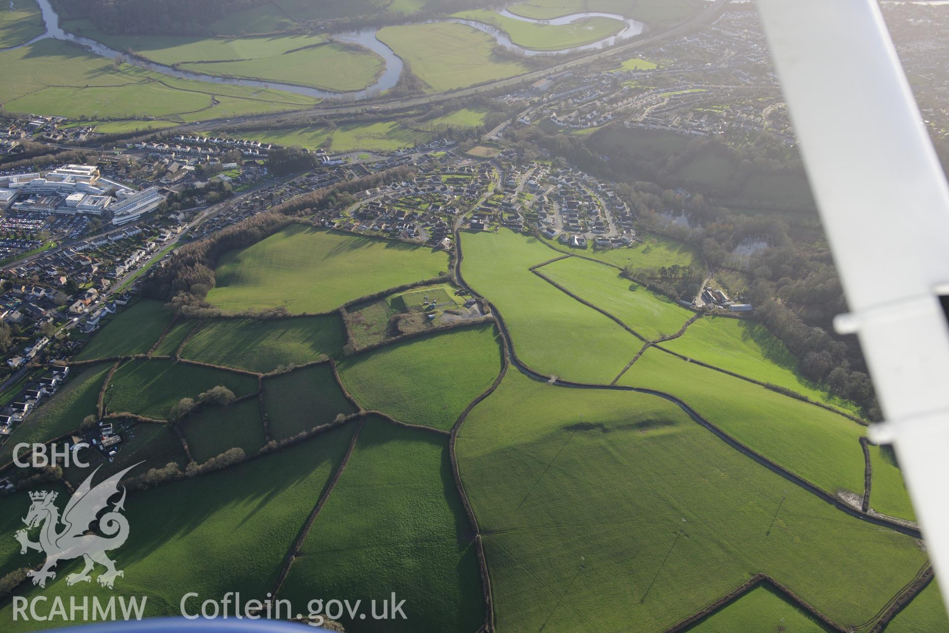 West Wales General Hospital and Cwm-oernant Reservoirs, Carmarthen. Oblique aerial photograph taken during the Royal Commission's programme of archaeological aerial reconnaissance by Toby Driver on 6th January 2015.