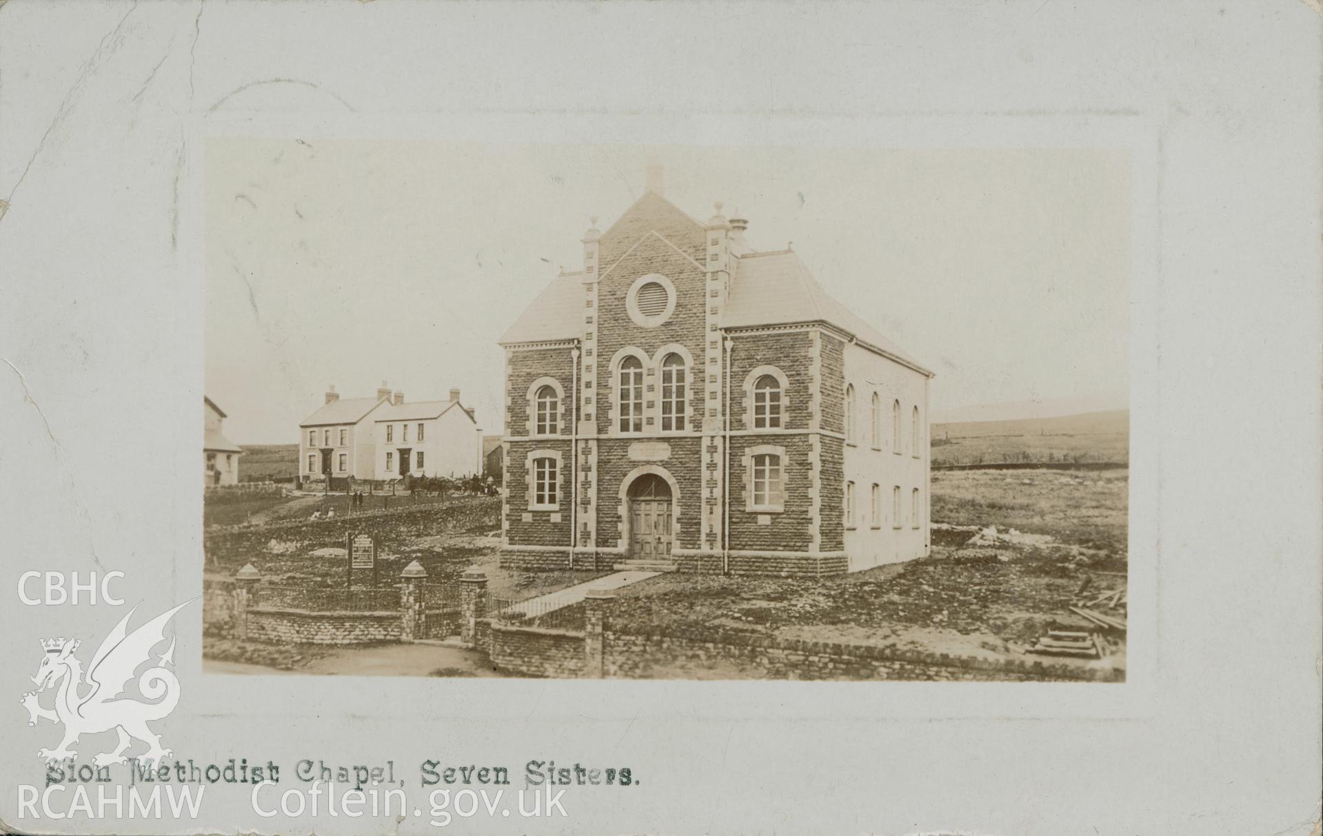 Digital copy of monochrome postcard showing exterior view of Seion Calvinistic Methodist chapel, Pen-y-Banc, Blaendulais, Seven Sisters. Franked on 27th January 1908. Loaned for copying by Thomas Lloyd.