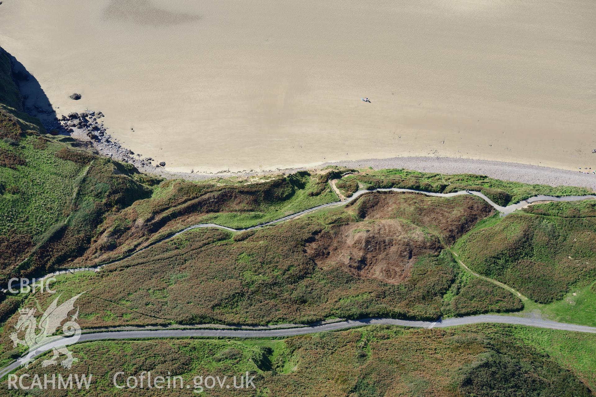 Rhossili Medieval Settlement, just above the sands at Rhosili Bay on the western edge of the Gower Peninsula. Oblique aerial photograph taken during the Royal Commission's programme of archaeological aerial reconnaissance by Toby Driver on 30th September 2015.
