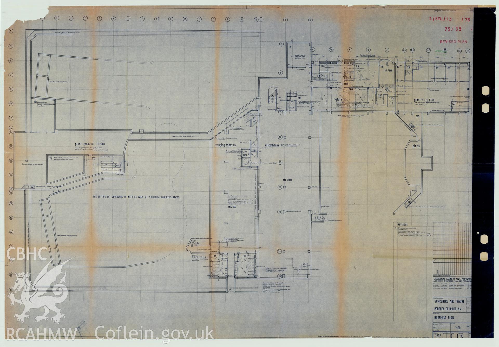 Digital copy of a measured drawing showing basement plan of Rhyl Sun Centre and Theatre, produced by Gillinson Barnett & Partners  1975. Loaned for copying by Denbighshire County Council.