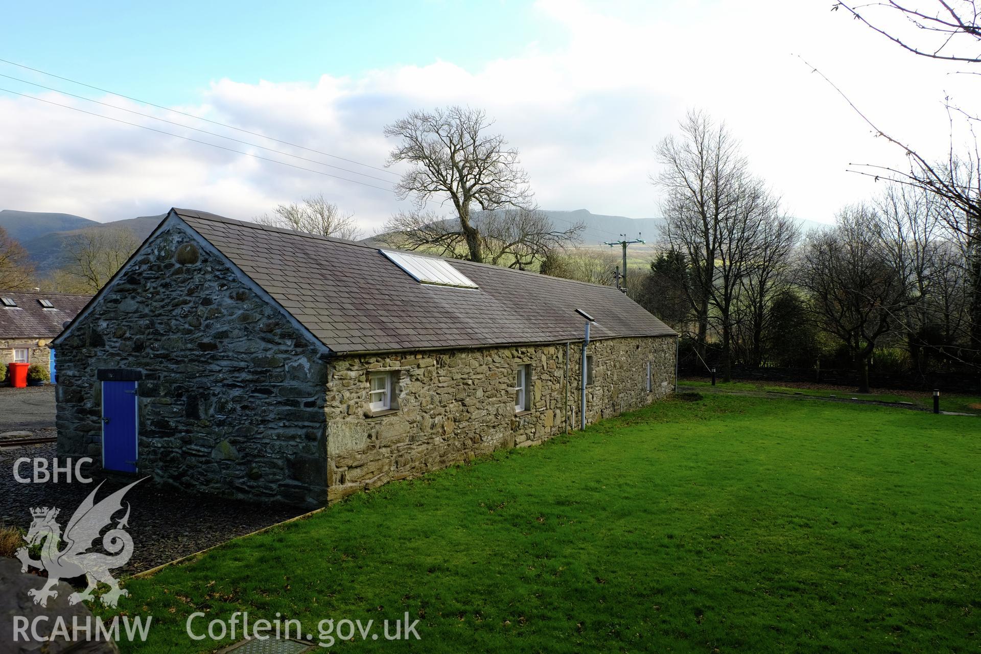 Colour photograph showing rear view of the west range of Barracks, Nantlle, looking south east, produced by Richard Hayman 9th February 2017