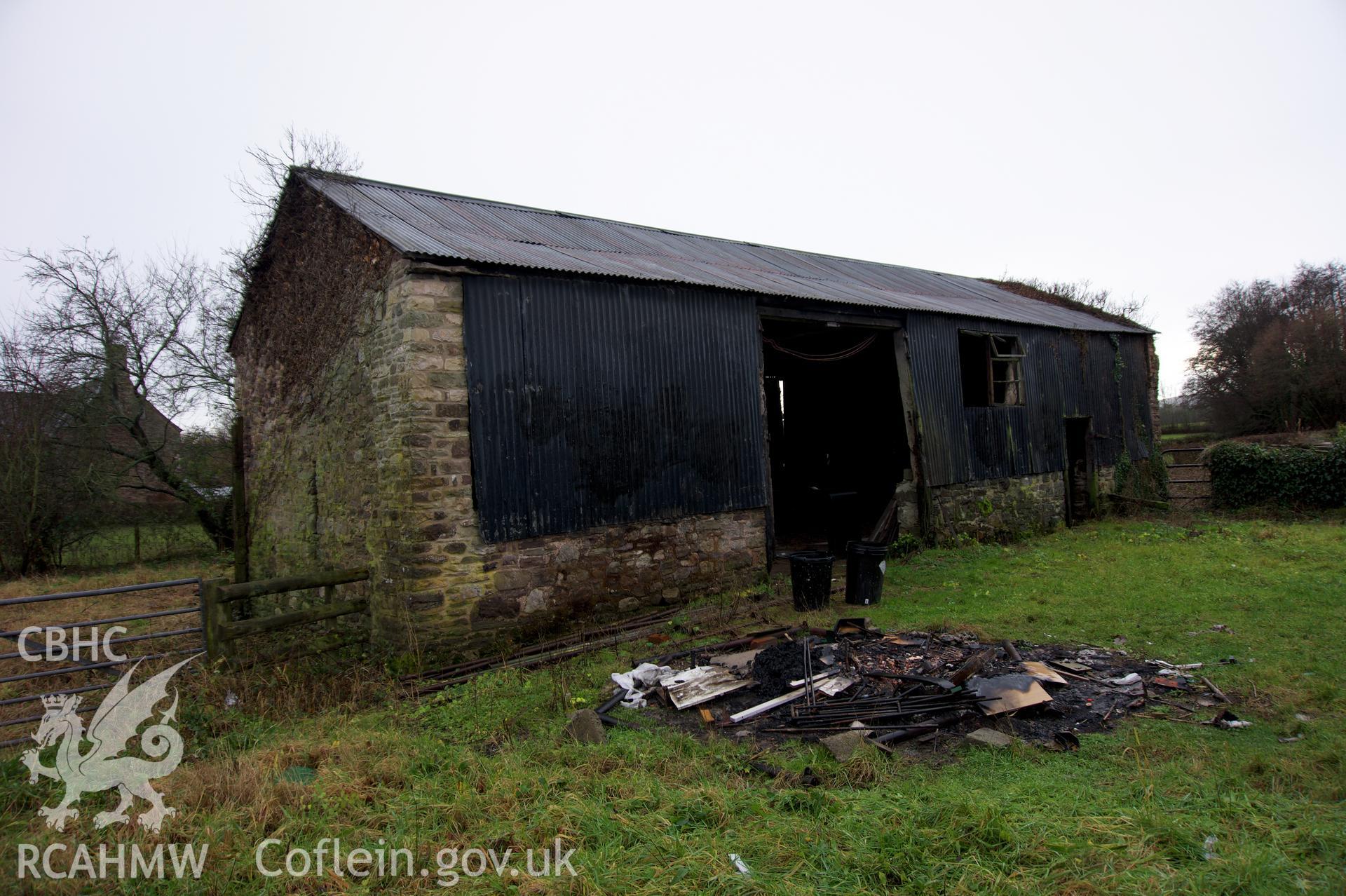 North east view of Middle Ton Threshing Barn. Photographed for the Historic Building Photographic Record of Middle Ton Threshing Barn, Llanvapley, by Dan Courtney of Cog Architects, 2019.