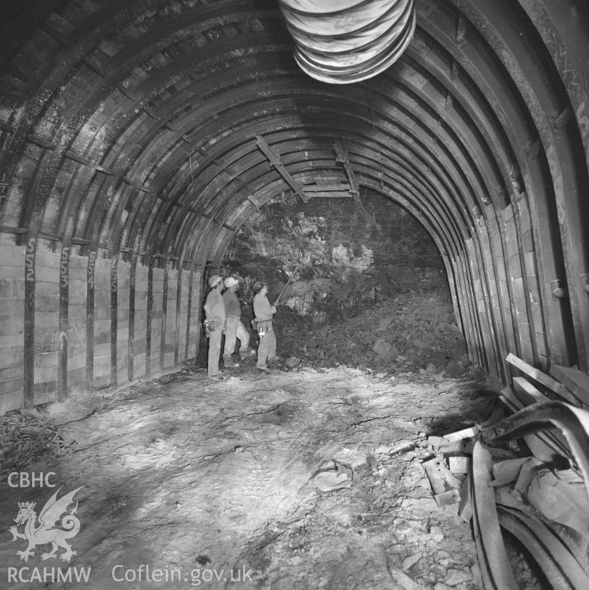 Digital copy of an acetate negative showing face of a new heading at Taff Colliery, from the John Cornwell Collection.