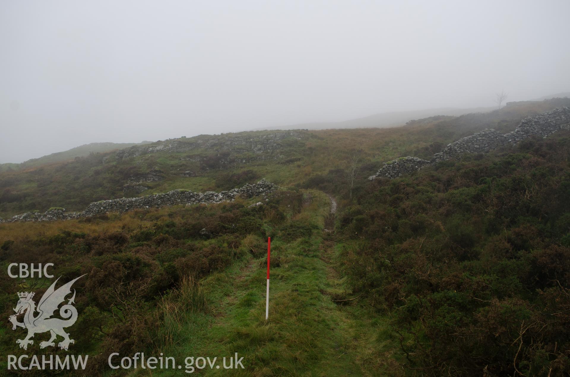 View from the east north-east of drystone wall crossing the track to Llyn Gelli-Gain, Trawsfynydd. Photographed as part of archaeological assessment conducted by Gwynedd Archaeological Trust on 16th October 2018. Project no. 2579.