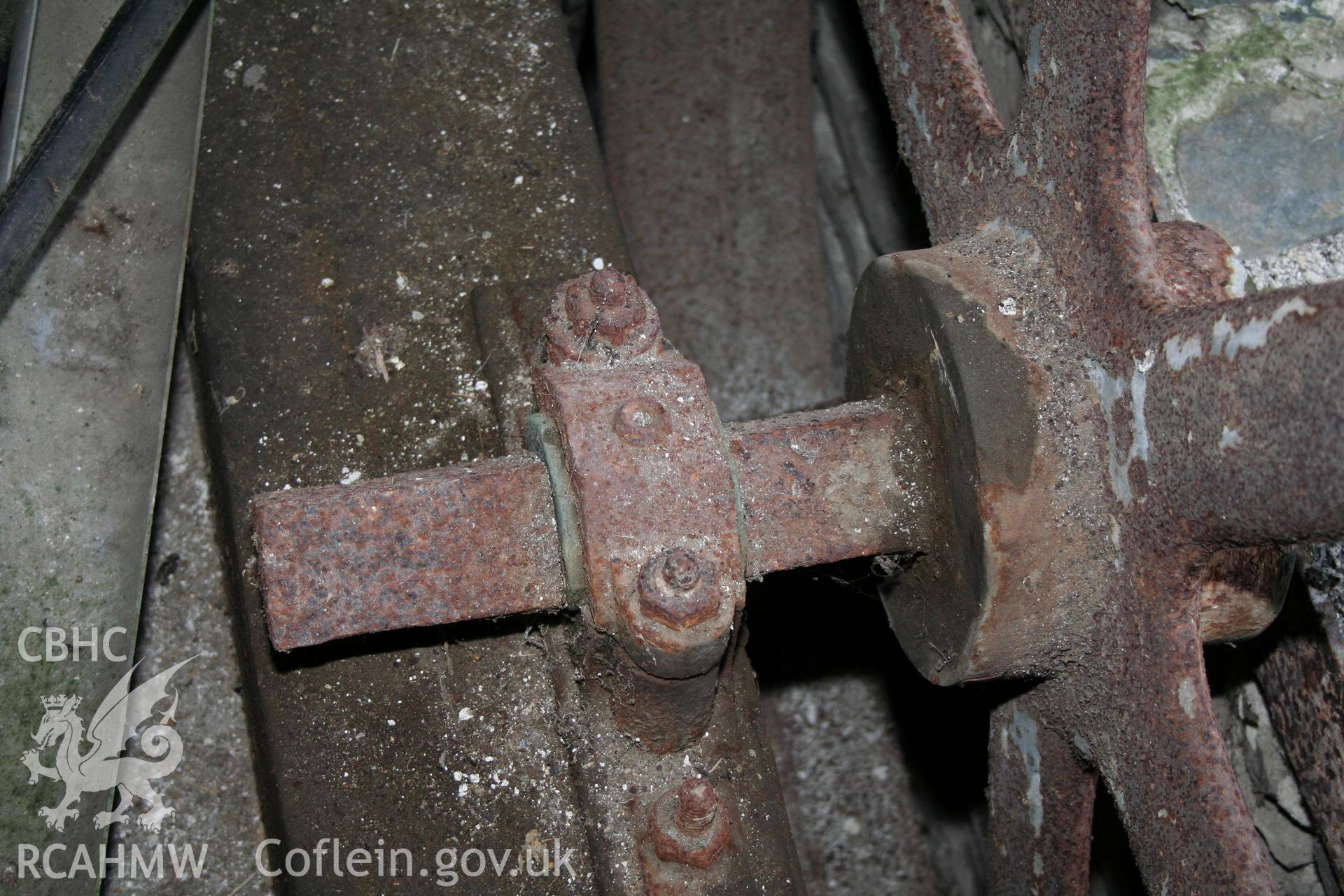 Detail of iron machinery. Photographic survey of the threshing house, straw house, mixing house and root house at Tan-y-Graig Farm, Llanfarian, conducted by Geoff Ward and John Wiles, 11th December 2006.