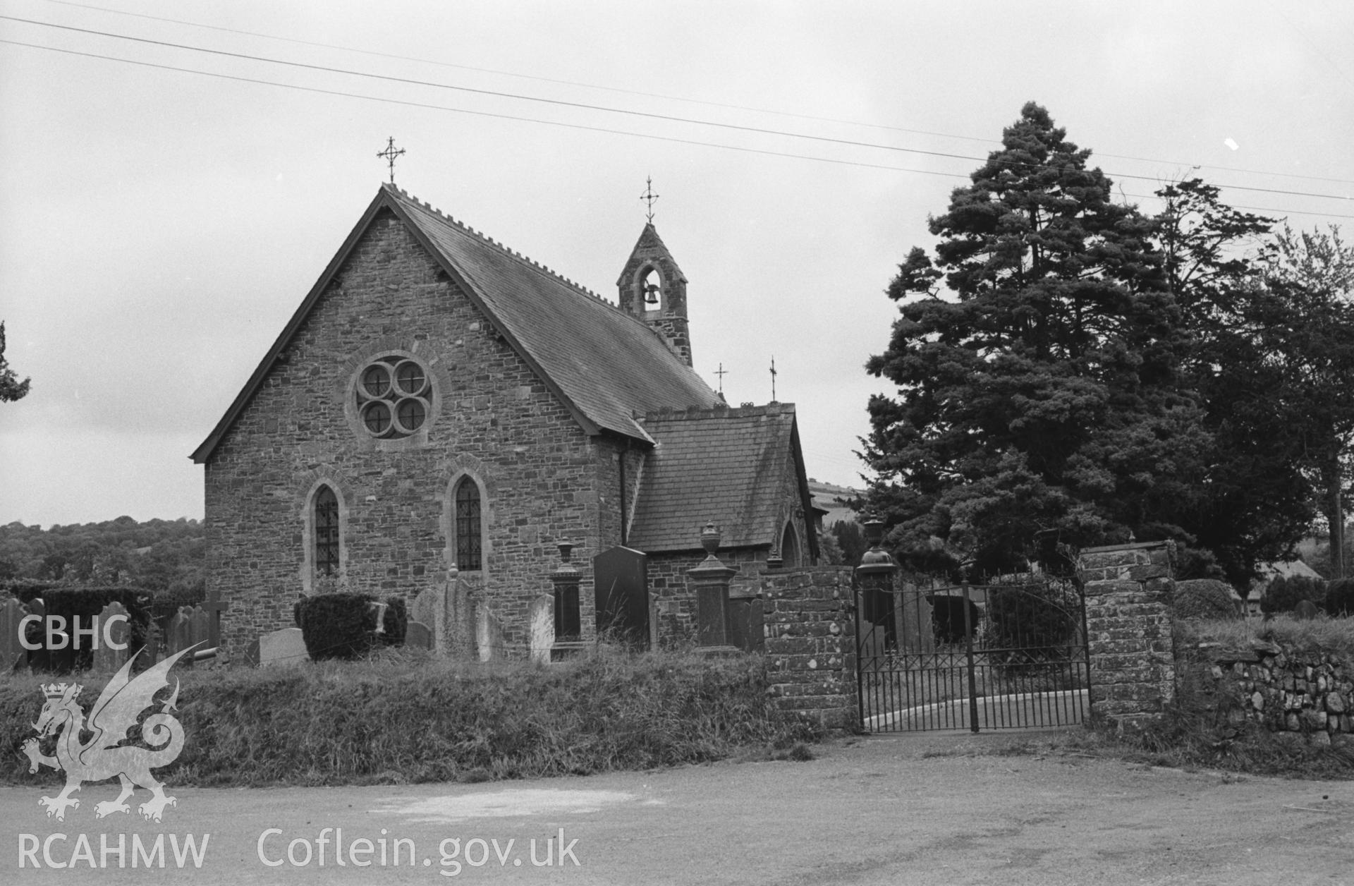 Digital copy of a black and white negative showing exterior view of St. Hilary's church, Trefilan. Photographed by Arthur O. Chater in September 1964 from Grid Reference SN 5492 5715, looking north east.