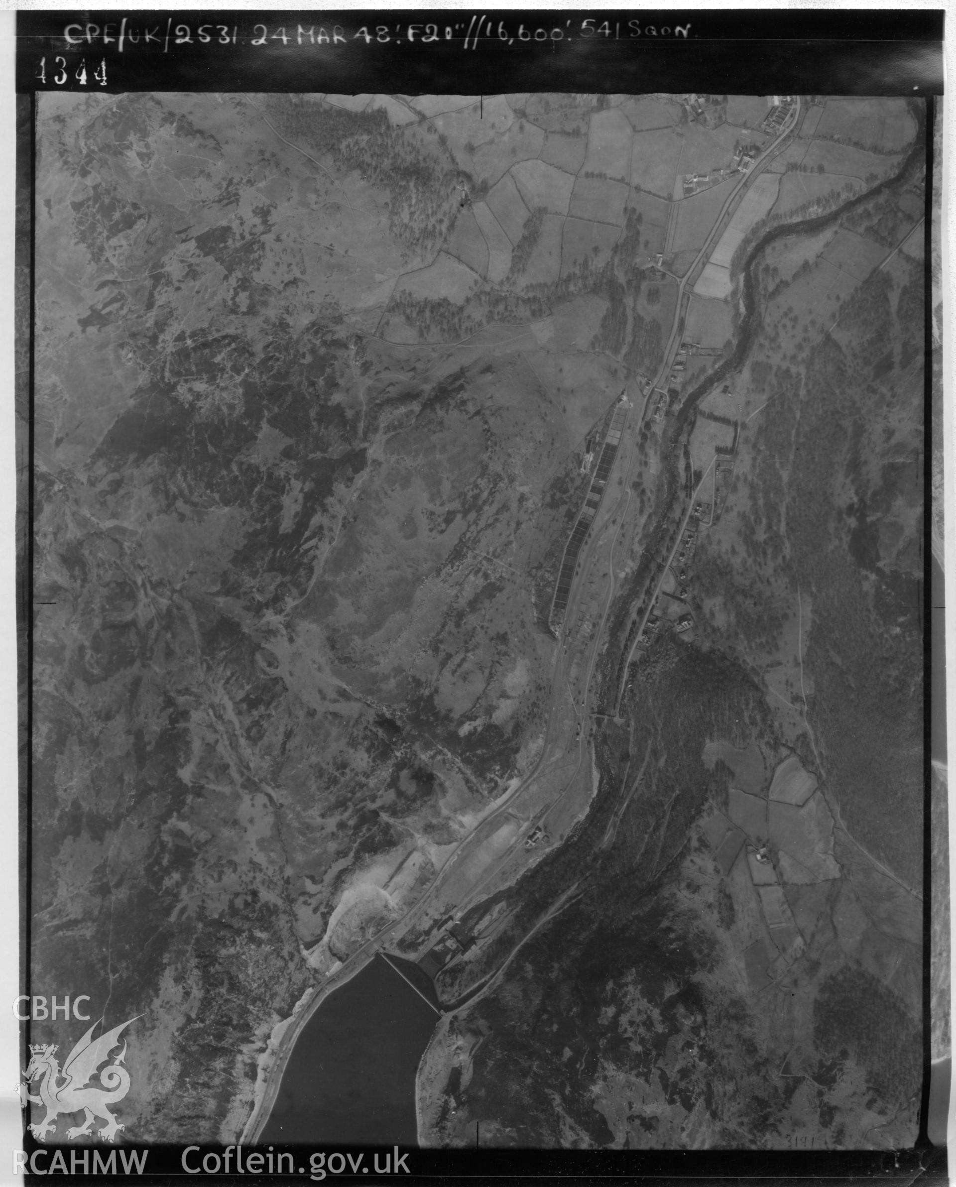 Aerial photograph of the Elan Valley, dated 1948. Included in material relating to Archaeological Desk Based Assessment of Afon Claerwen, Elan Valley, Rhayader, Powys. Assessment conducted by Archaeology Wales in 2018. Report no. 1681. Project no. 2573.