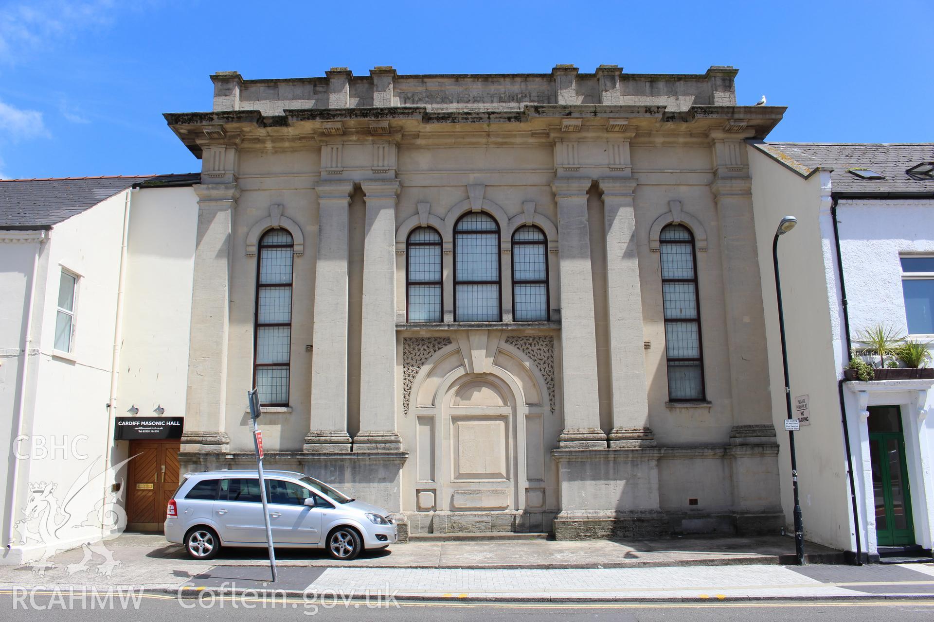 Exterior view of front elevation of the former United Free Methodist Church, now a Masonic Temple, in Cardiff. Photograph taken during survey conducted by Sue Fielding of the RCAHMW, 11th March 2019.