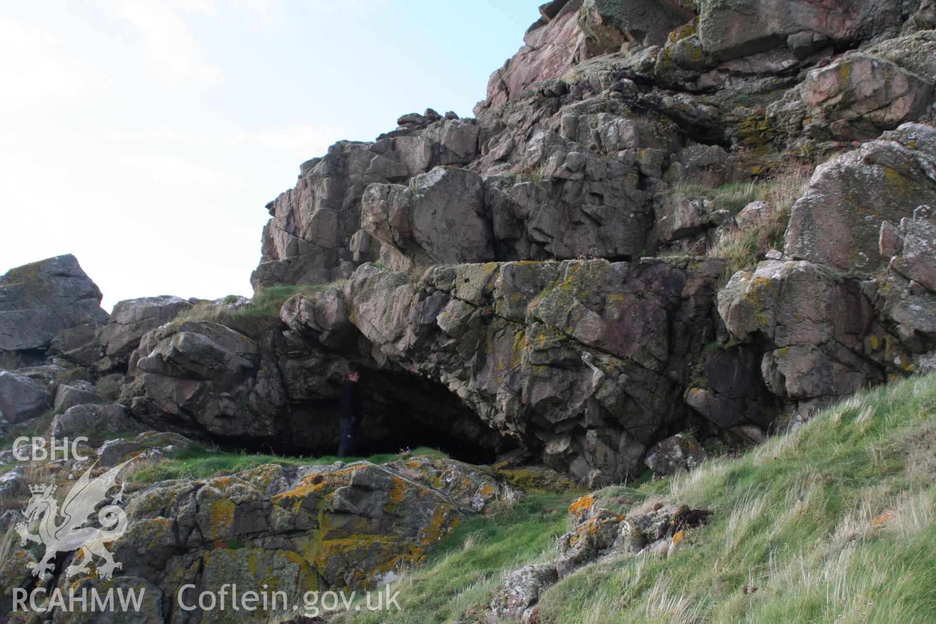 Photographic survey of Ogof Geifr cave or historic metal mine, on south side of promontory below Clawdd y Milwyr fort. With Toby Driver and Louise Barker.