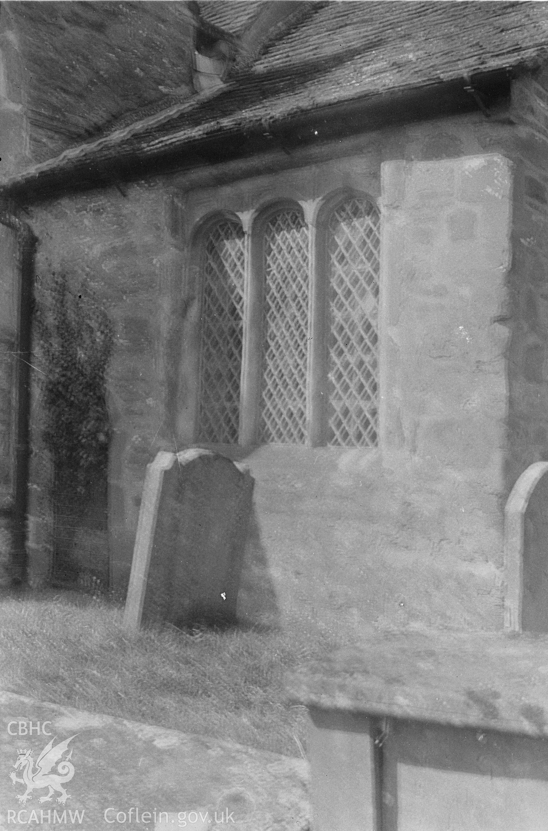 Digital copy of a nitrate negative showing detailed exterior view of church at the Skenfrith Castle site taken by Leonard Monroe.