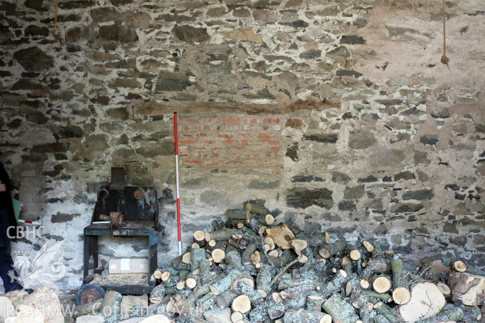 Photograph showing interior view of barn and cottage ground floor at Maes yr Hendre, taken by Dr Marian Gwyn, 6th July 2016. (Original Reference no. 0113)