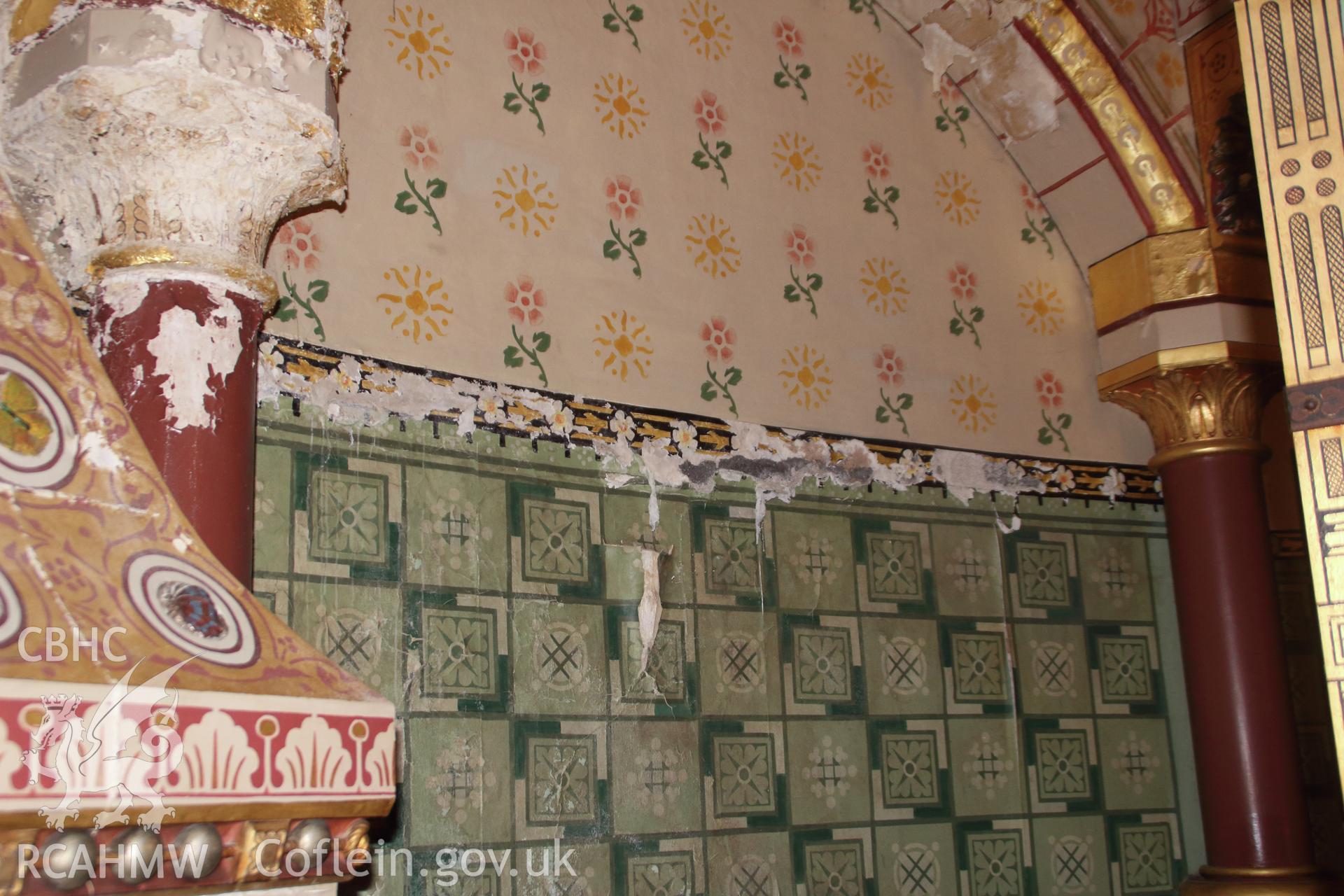 Highly decorative wall in Lady Bute's bedroom at Castell Coch, 1st April 2019. From "Castell Coch, Tongwynlais. Archaeological Building Investigation & Recording & Watching Brief" by Richard Scott Jones, Heritage Recording Services Wales. Report No 202.