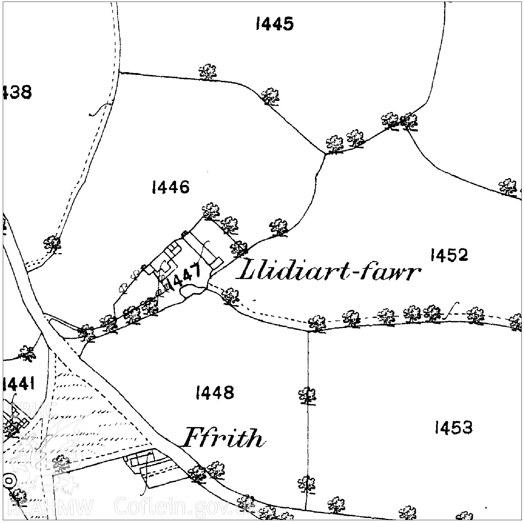 1879 map of area around Llidiart Fawr, Denbighshire. Used as report illustration for CPAT Project 2350: Llidiart Fawr, Pentrecelyn, Ruthin - Archaeological Building Survey, 2018. Report no. 1644.