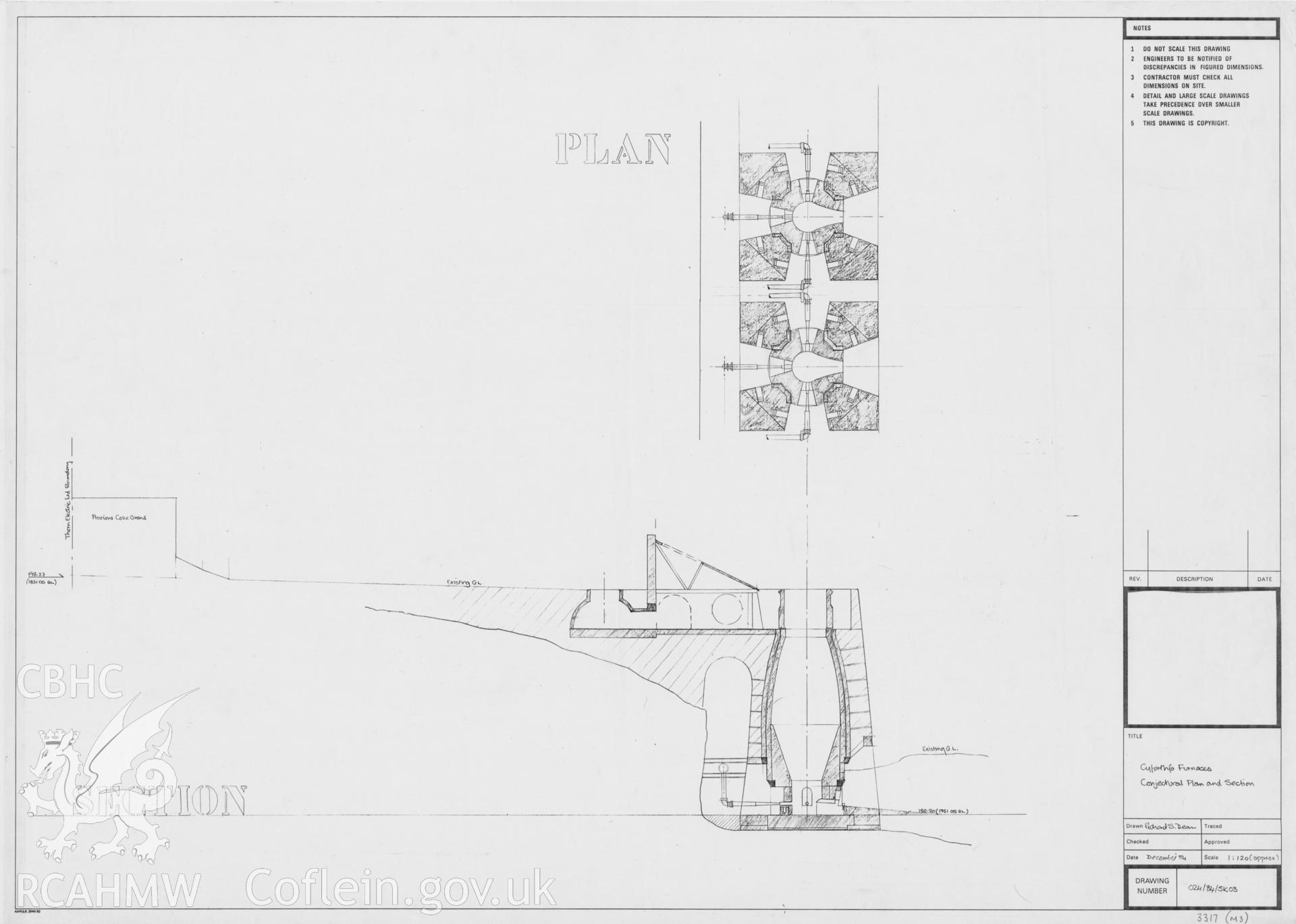 Digital copy of a non RCAHMW drawing by Richard S. Dean, showing conjectural plan and survey of Cyfarthfa Ironworks.